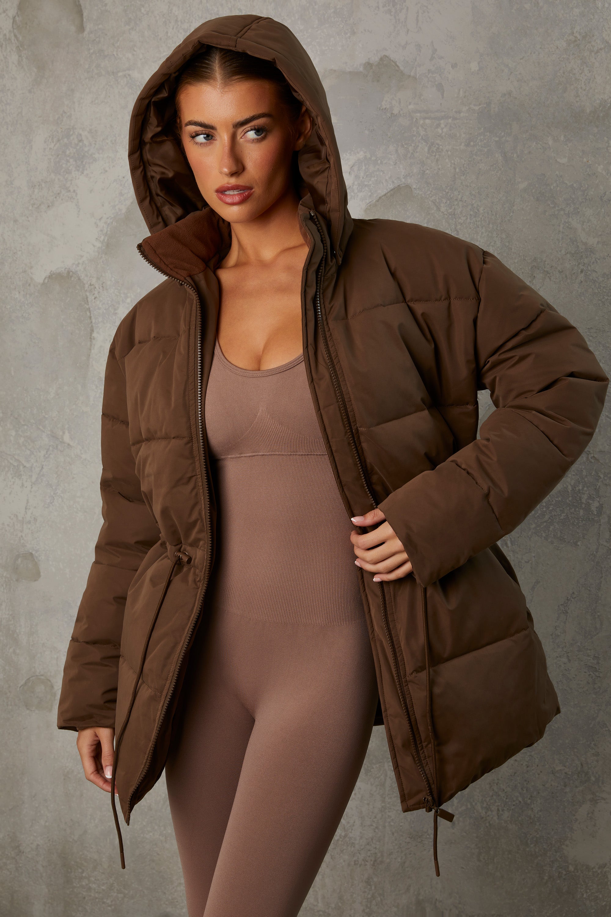 Snug Mid Length Hooded Puffer Coat in Cocoa Brown - Image 8