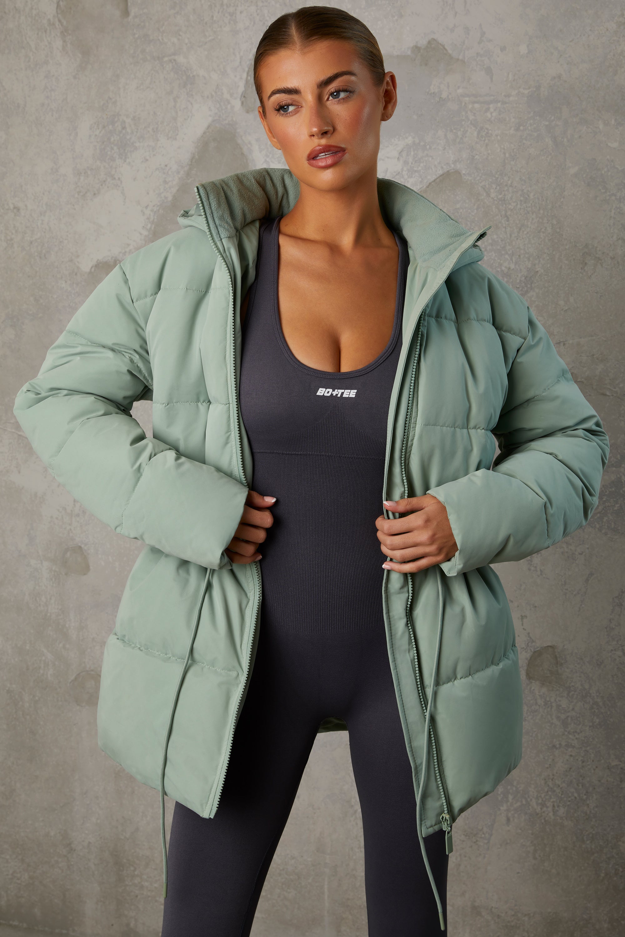 Snug Mid Length Hooded Puffer Coat in Iceberg Green - Image 9