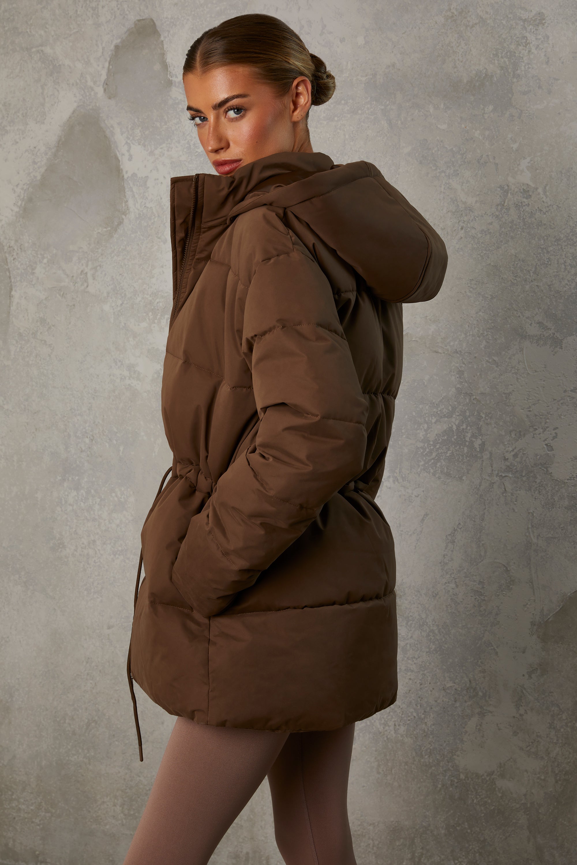 Snug Mid Length Hooded Puffer Coat in Cocoa Brown - Image 3