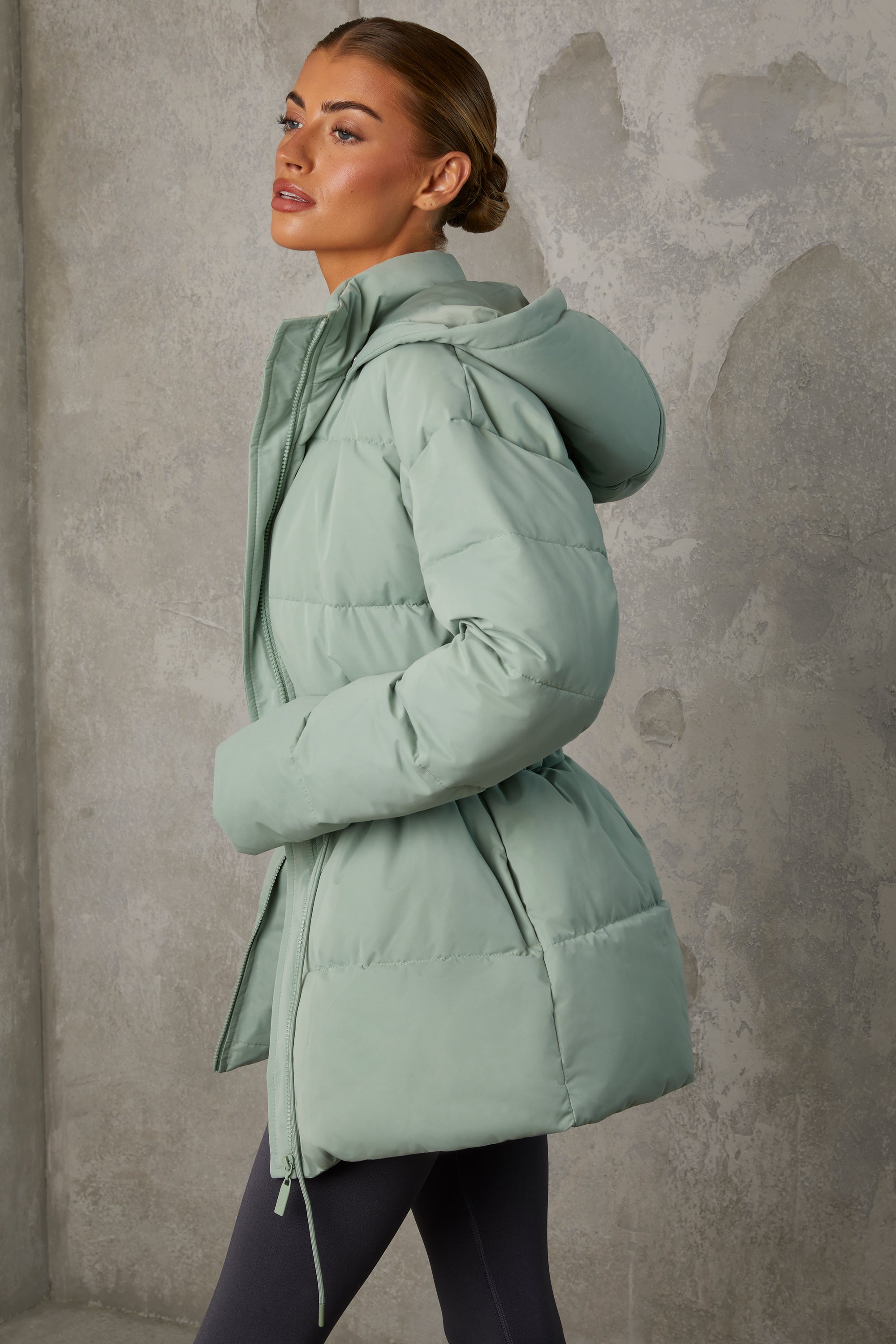 Snug Mid Length Hooded Puffer Coat in Iceberg Green - Image 3