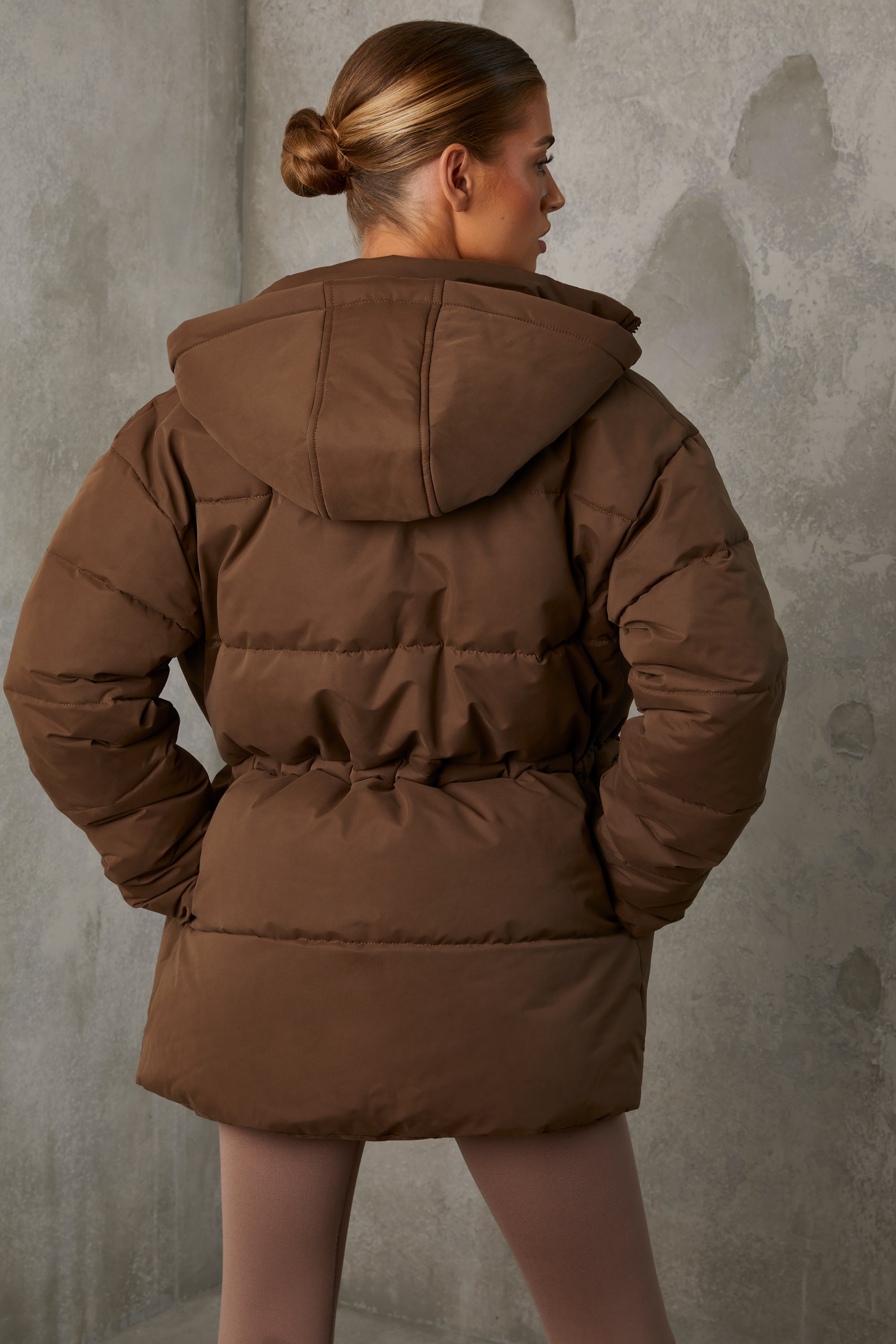 Snug Mid Length Hooded Puffer Coat in Cocoa Brown - Image 2