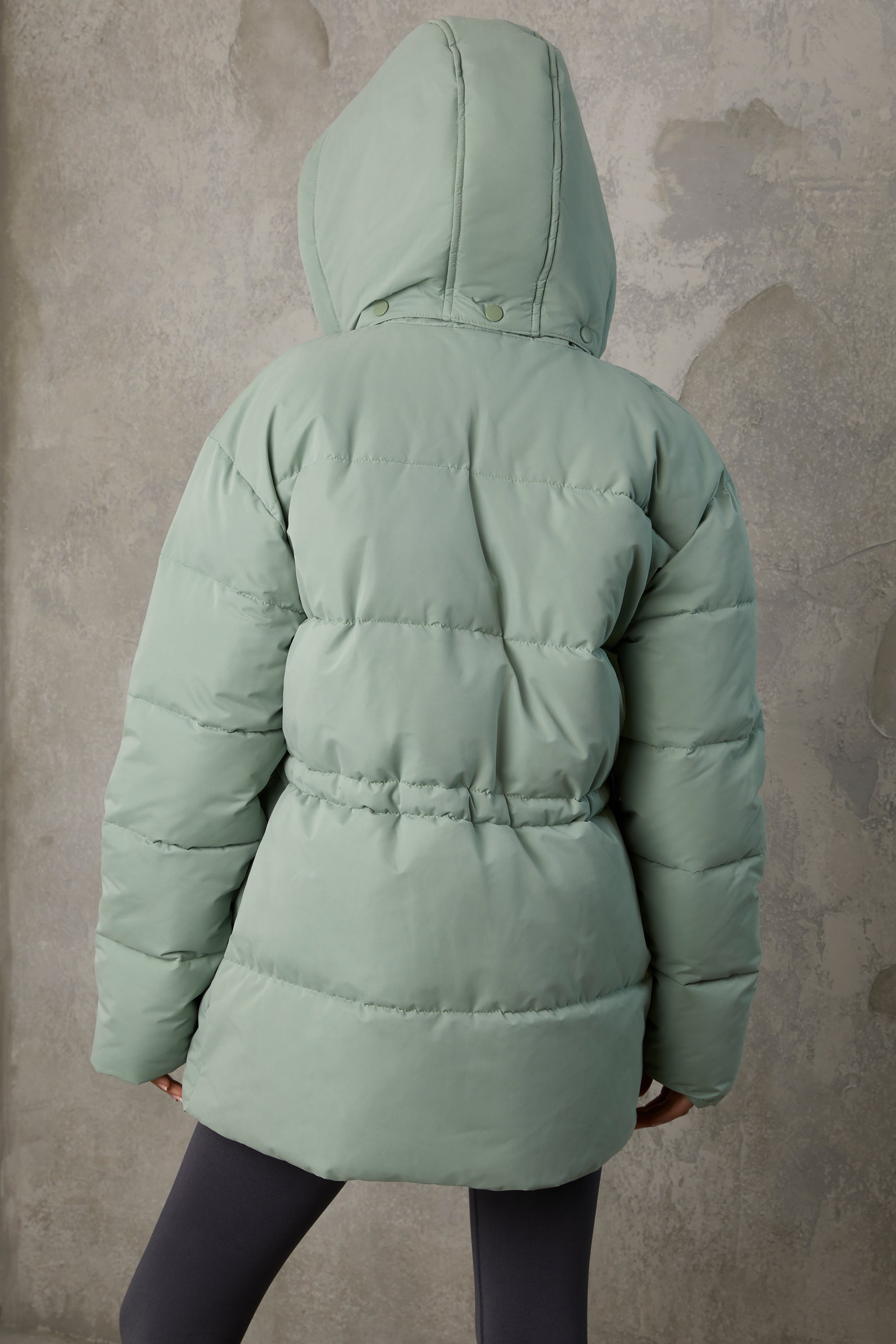 Snug Mid Length Hooded Puffer Coat in Iceberg Green - Image 2