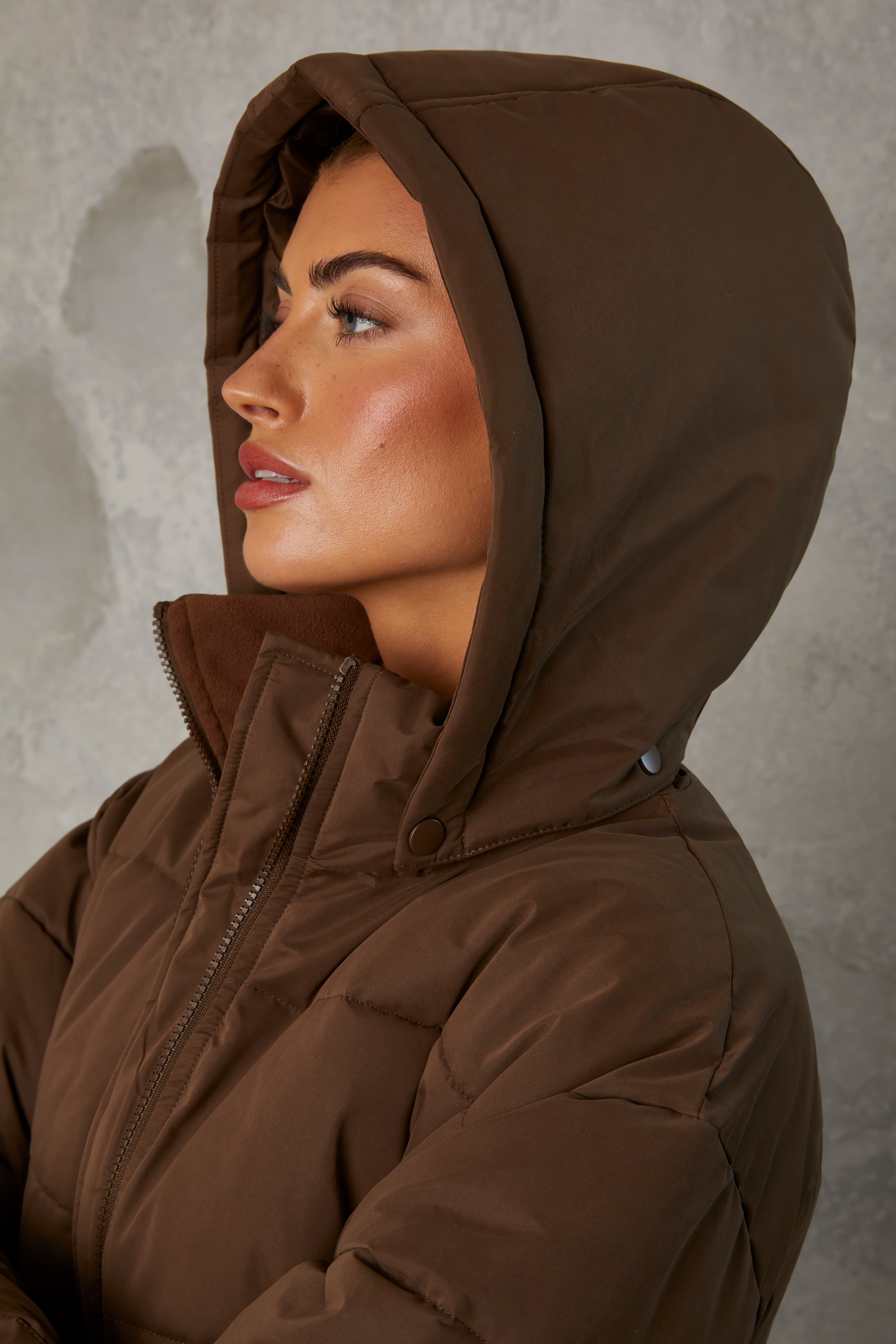 Snug Mid Length Hooded Puffer Coat in Cocoa Brown - Image 9