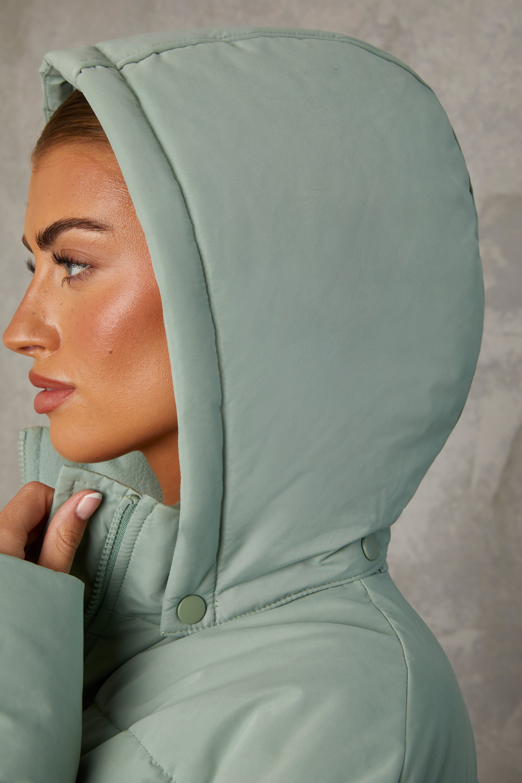 Snug Mid Length Hooded Puffer Coat in Iceberg Green - Image 4