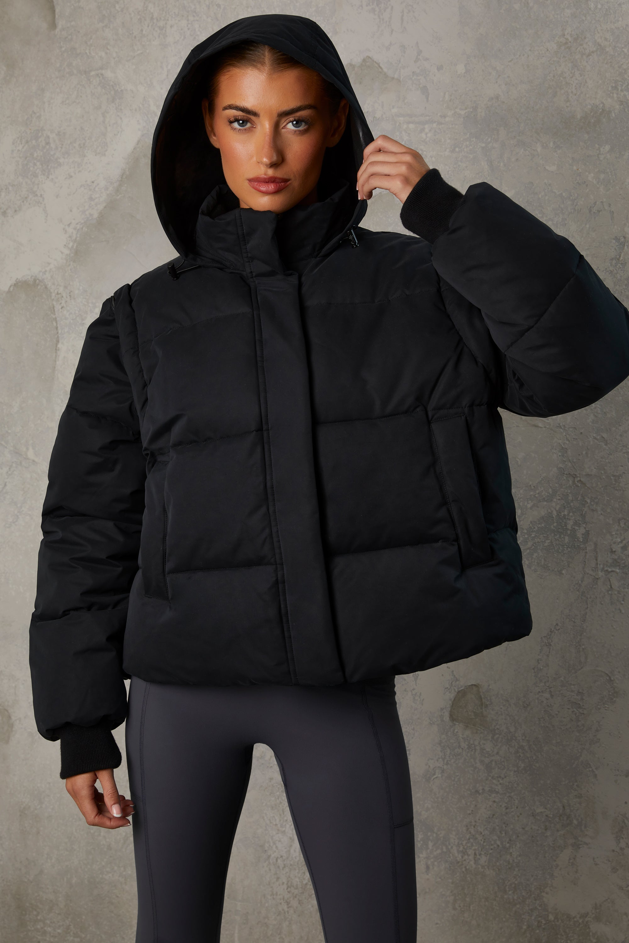 Essential Cropped Puffer Jacket with Detachable Sleeves in Black
