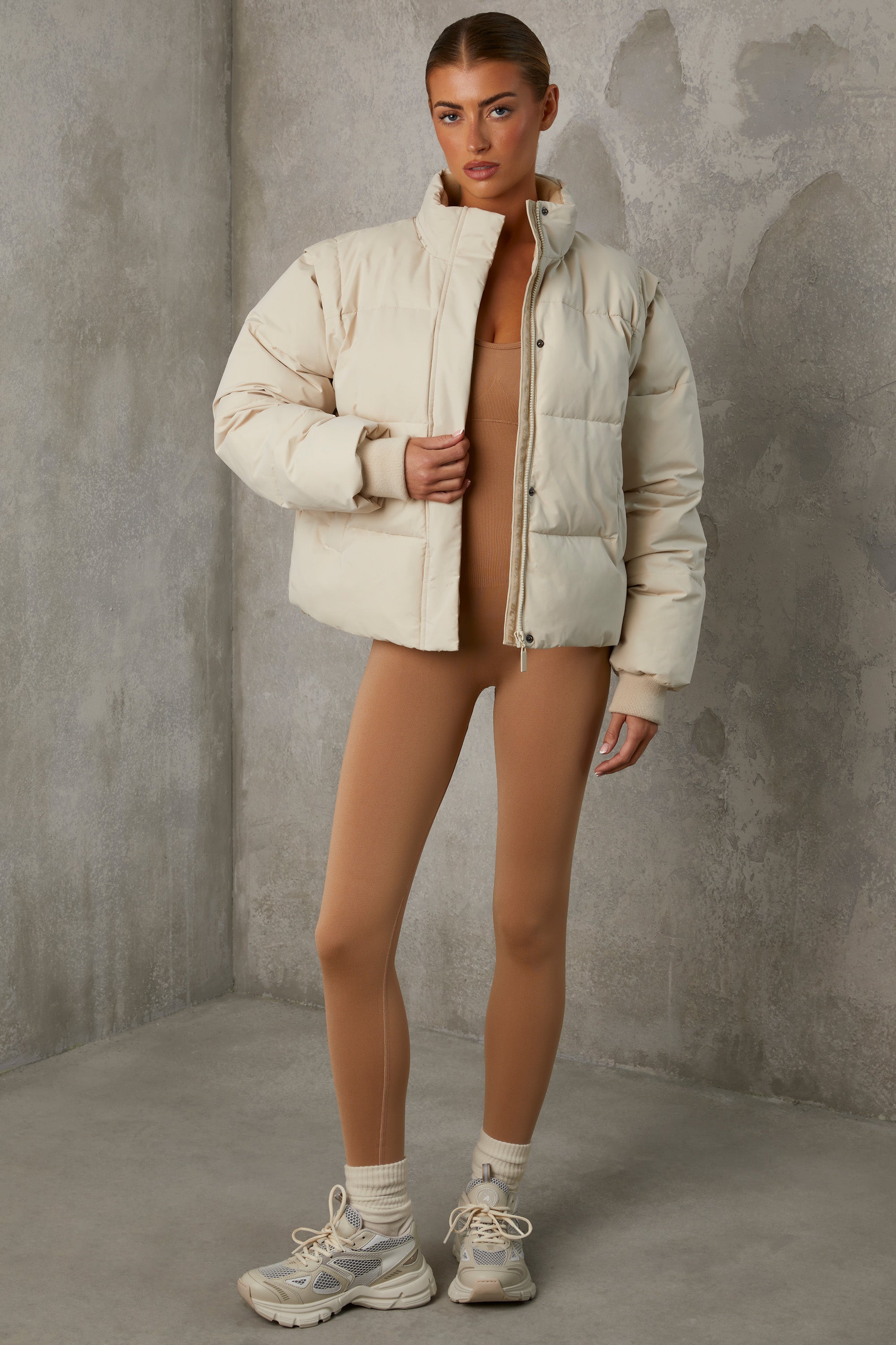 Essential Cropped Puffer Jacket with Detachable Sleeves in Sand - Image 5