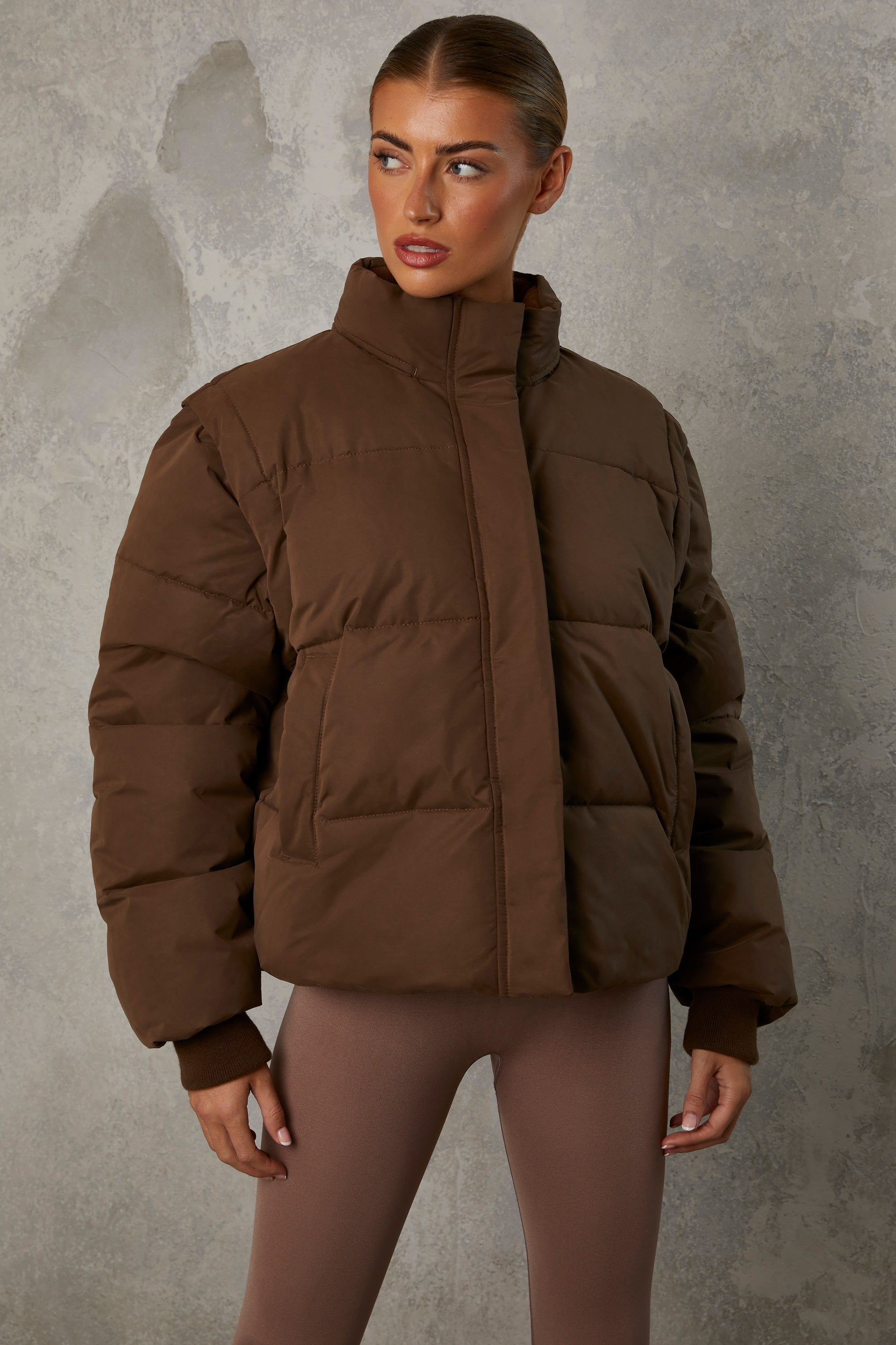 Essential Cropped Puffer Jacket with Detachable Sleeves in Cocoa Brown - Image 6