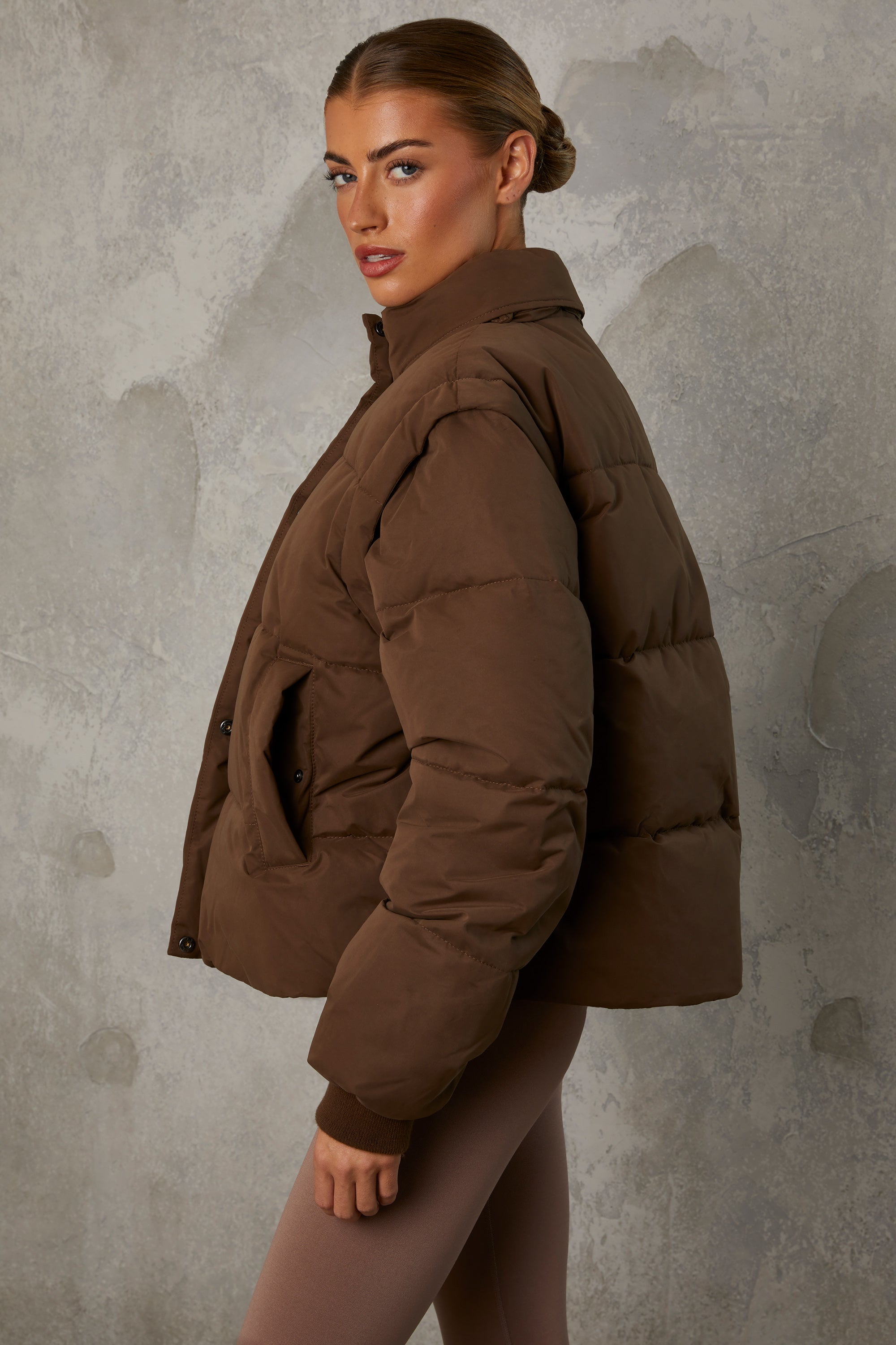 Essential Cropped Puffer Jacket with Detachable Sleeves in Cocoa Brown - Image 7