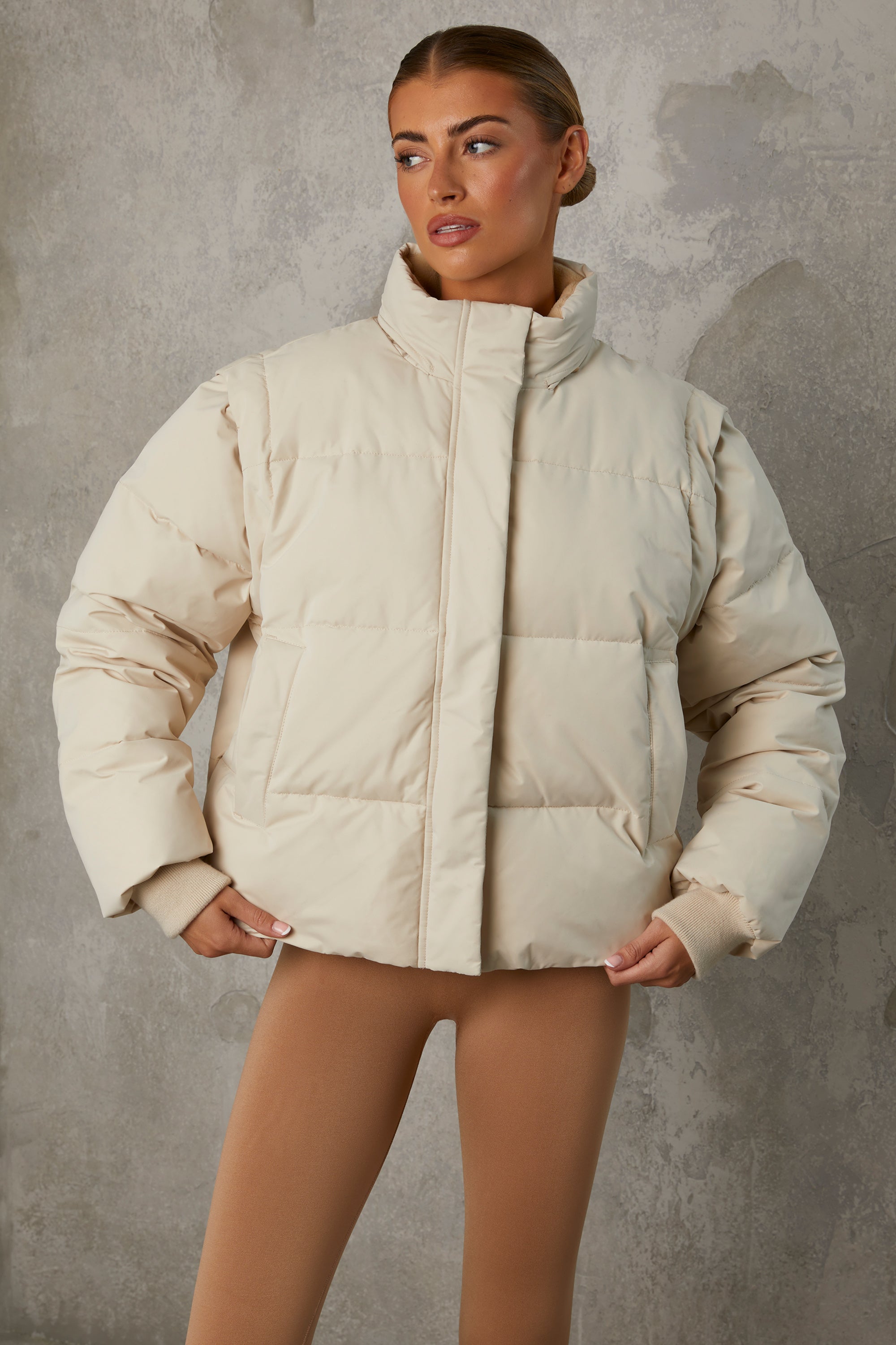 Essential Cropped Puffer Jacket with Detachable Sleeves in Sand - Image 7