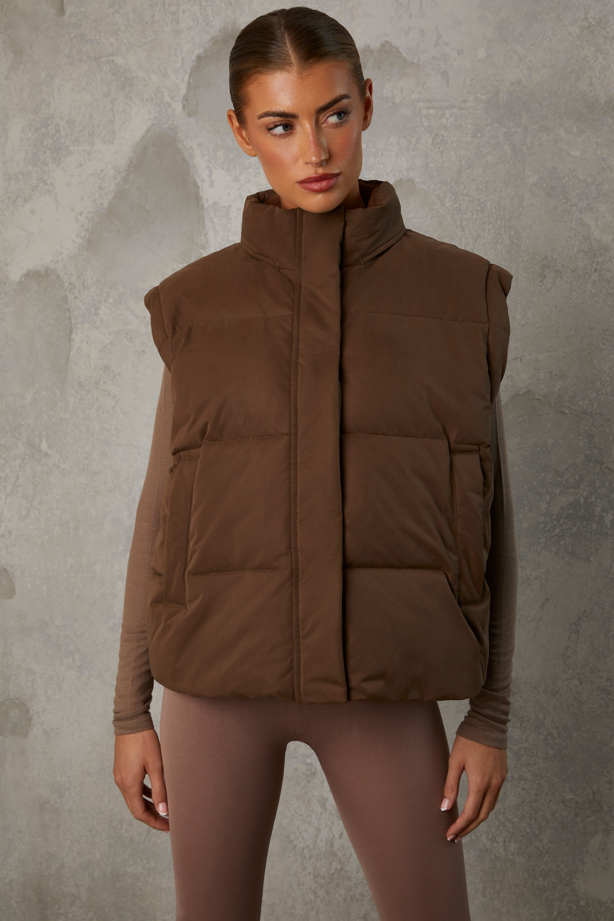Essential Cropped Puffer Jacket with Detachable Sleeves in Cocoa Brown - Image 11