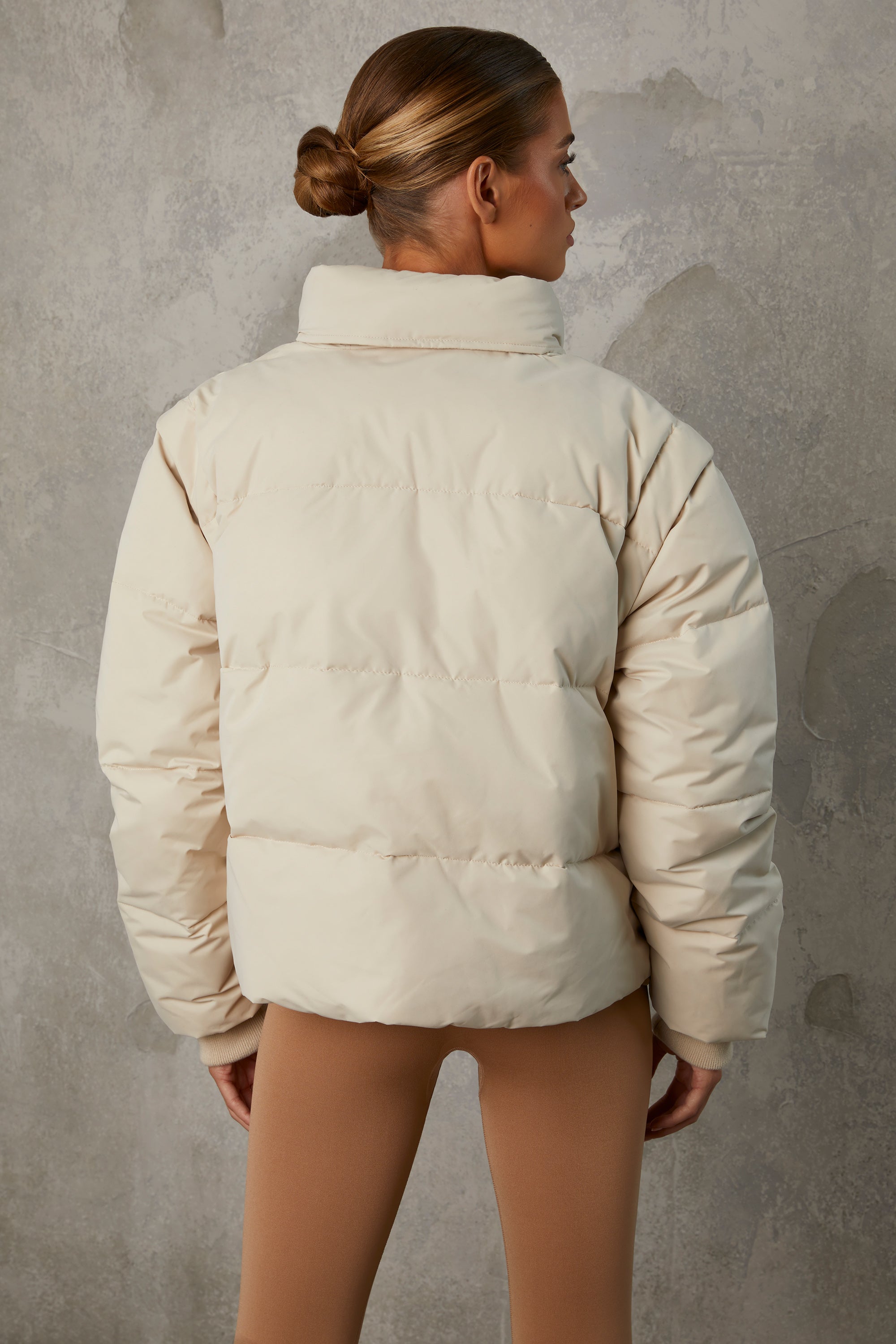 Essential Cropped Puffer Jacket with Detachable Sleeves in Sand - Image 2