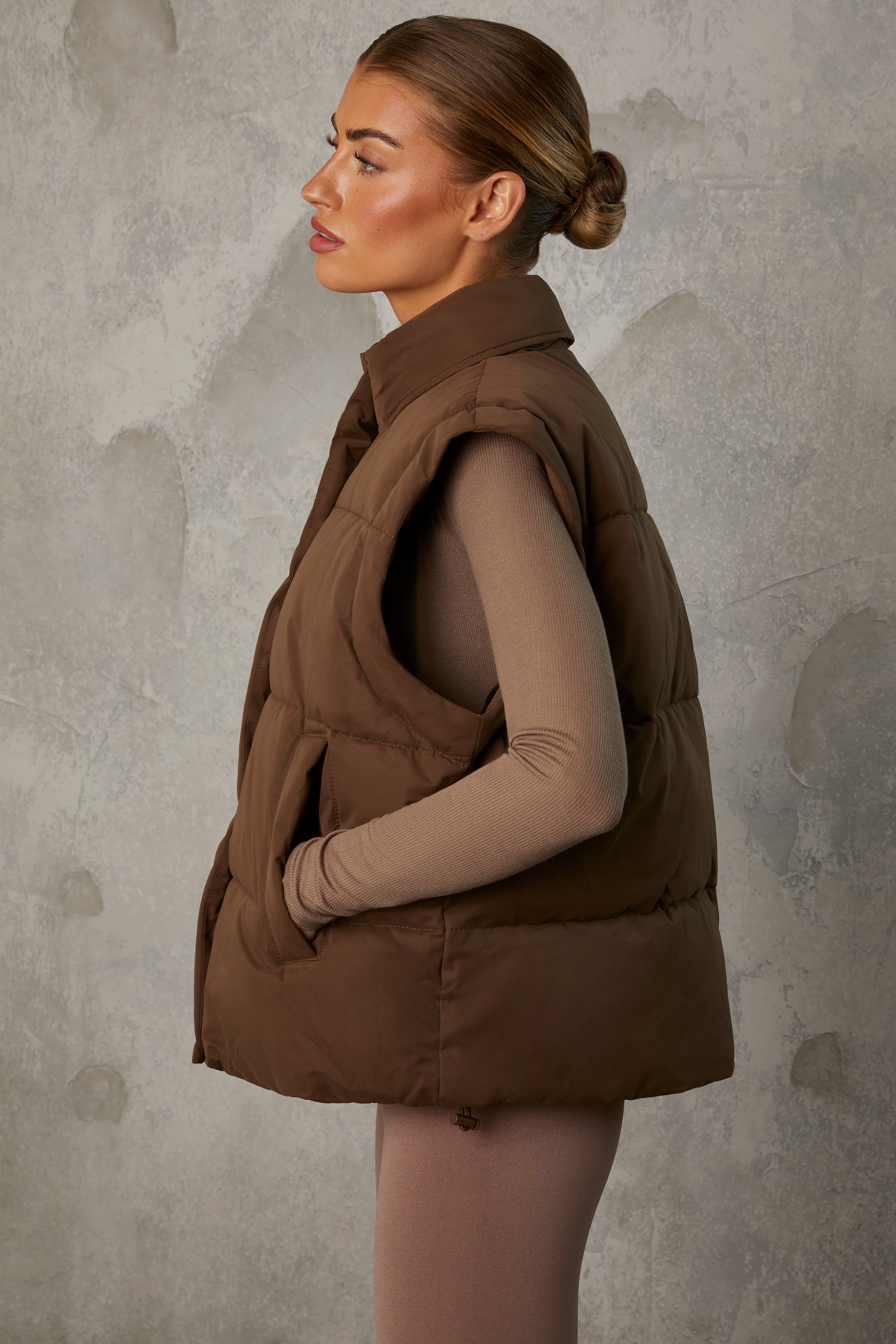 Essential Cropped Puffer Jacket with Detachable Sleeves in Cocoa Brown - Image 3