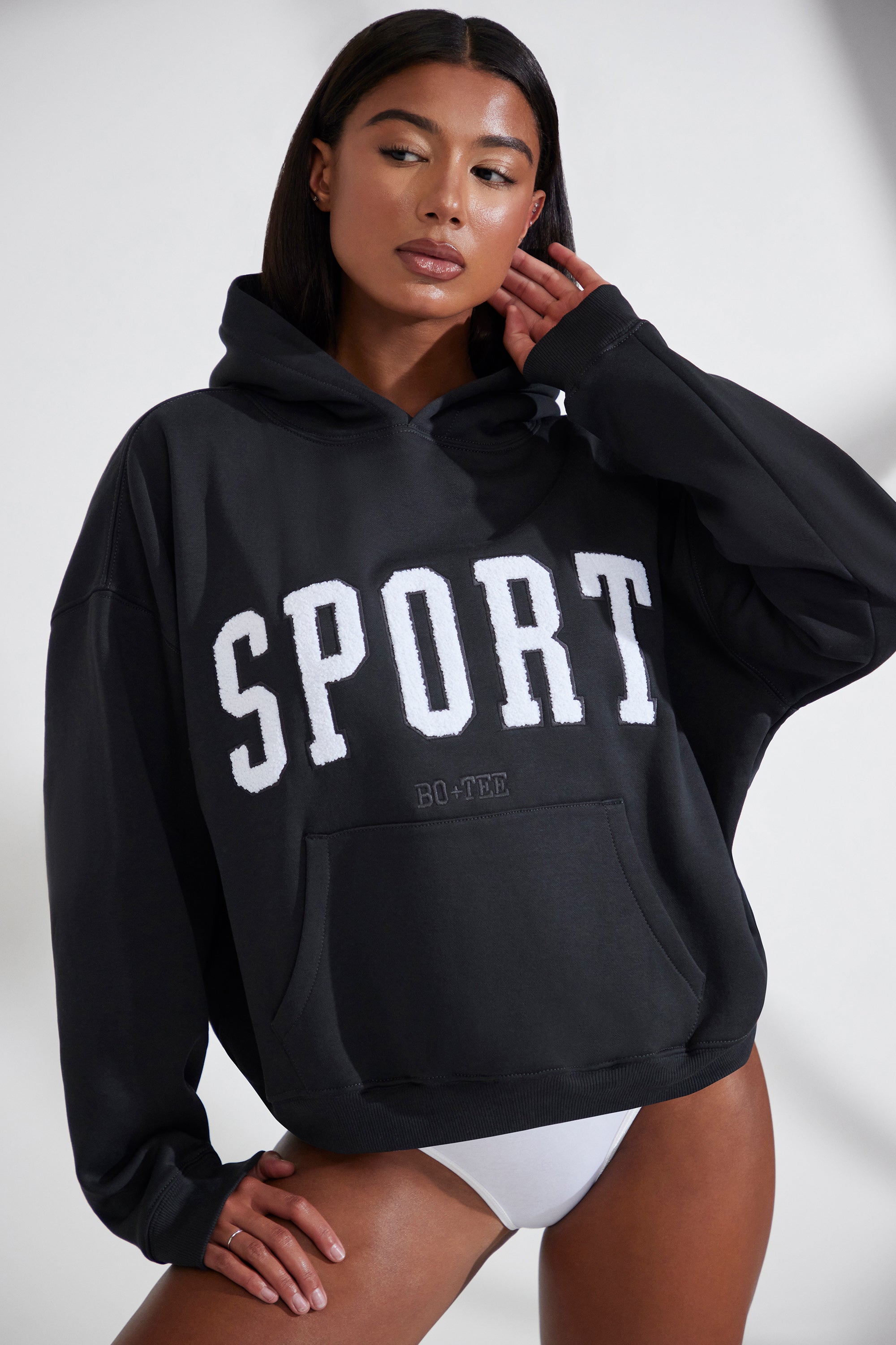 Varsity Oversized Hooded Sweatshirt in Black - Image 4