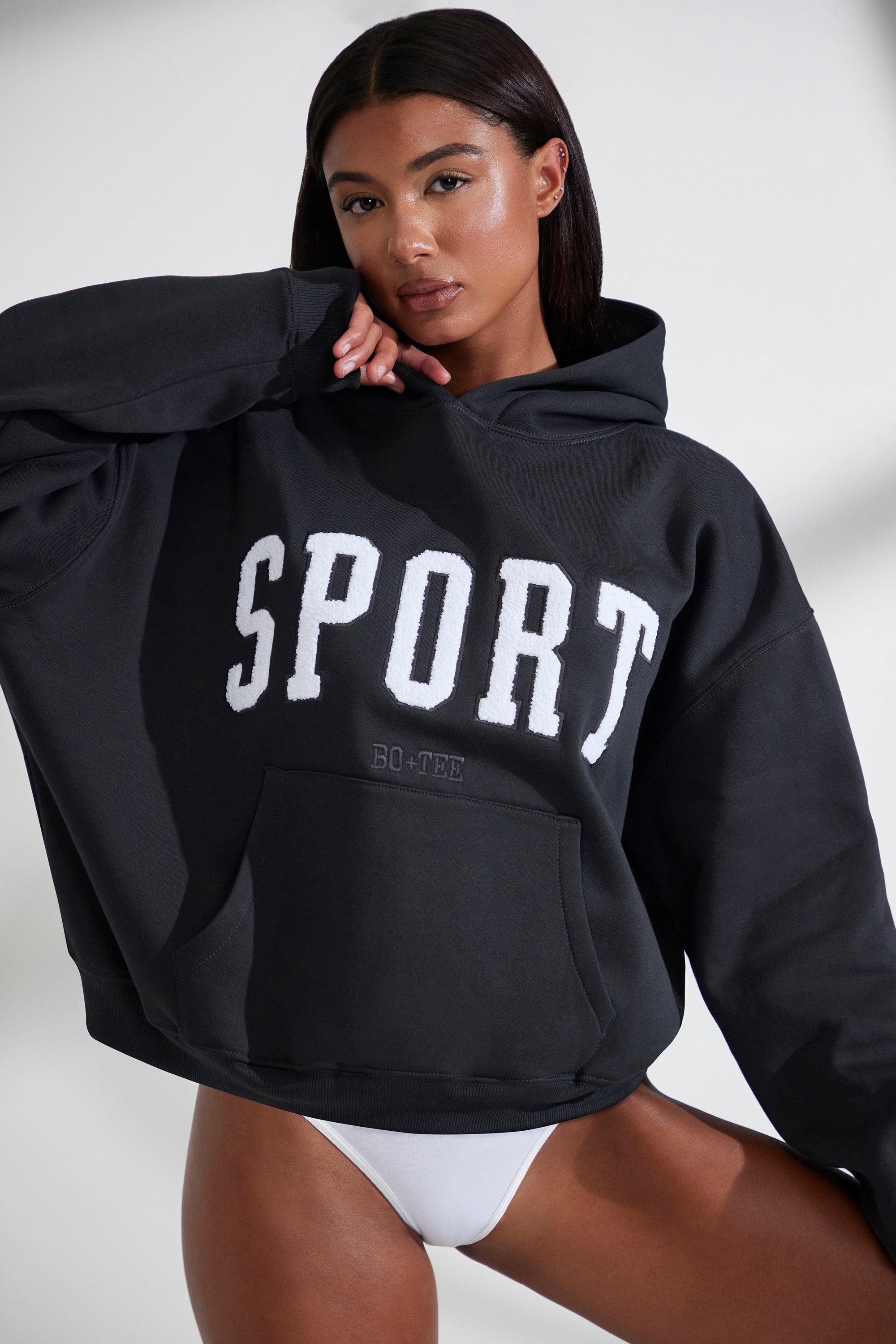 Varsity Oversized Hooded Sweatshirt in Black - Image 5