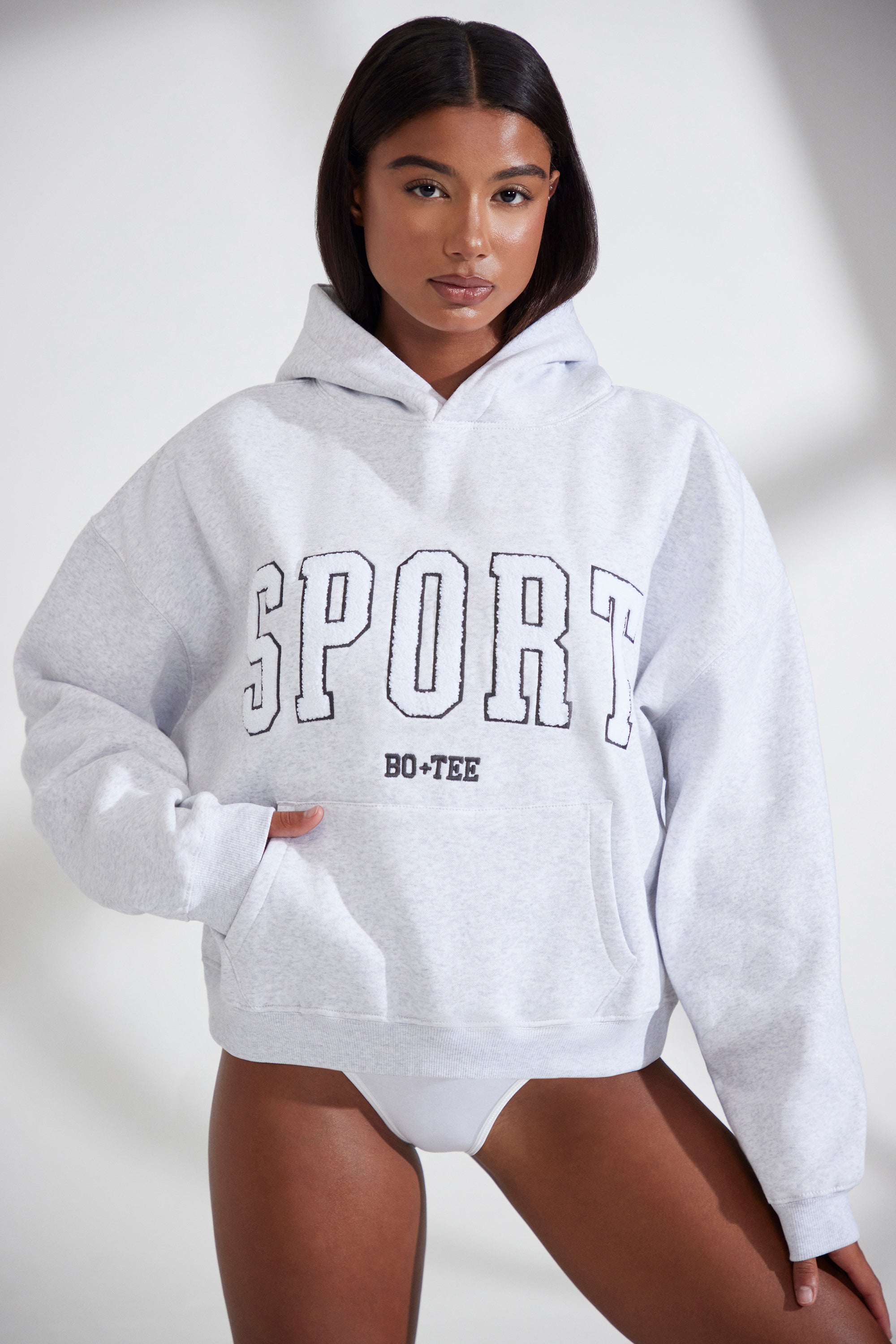 Varsity Oversized Hooded Sweatshirt in Heather Grey