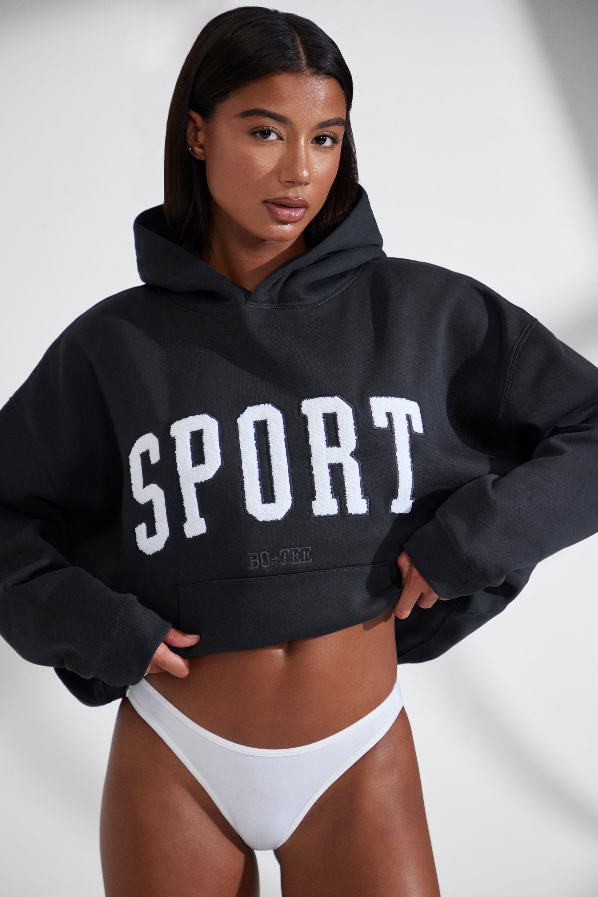 Varsity Oversized Hooded Sweatshirt in Black - Image 6