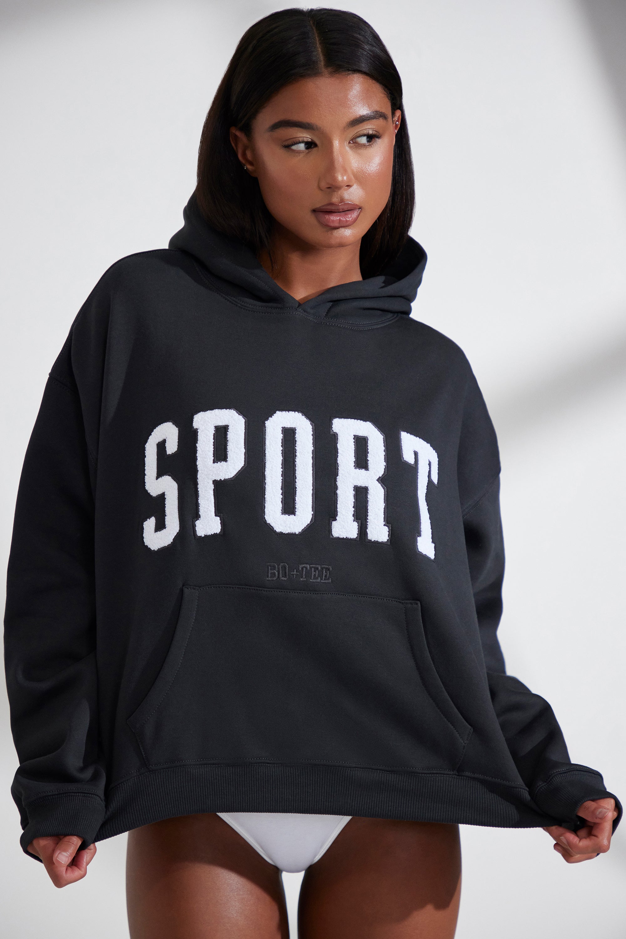 Varsity Oversized Hooded Sweatshirt in Black - Image 7