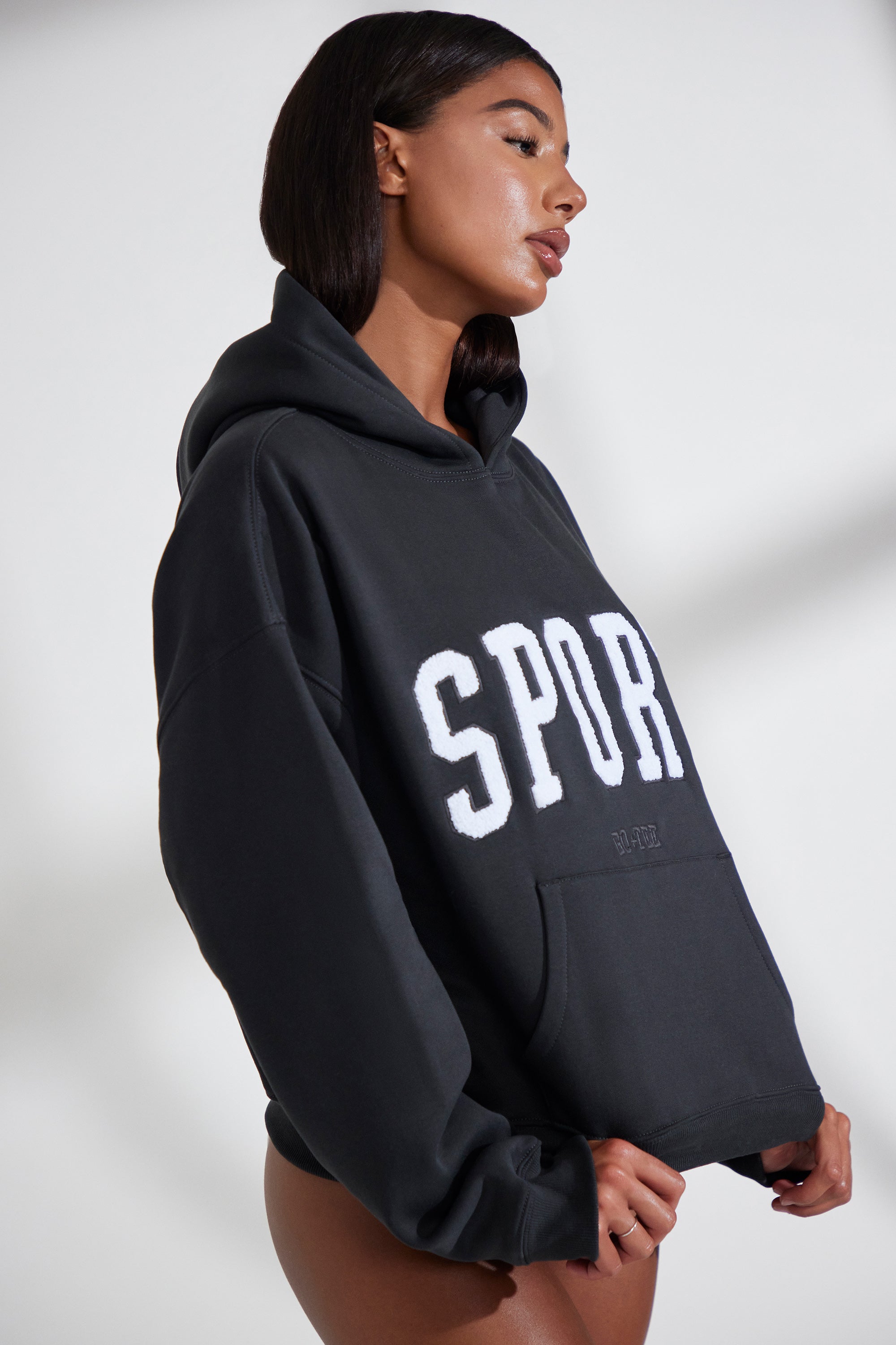 Varsity Oversized Hooded Sweatshirt in Black - Image 3