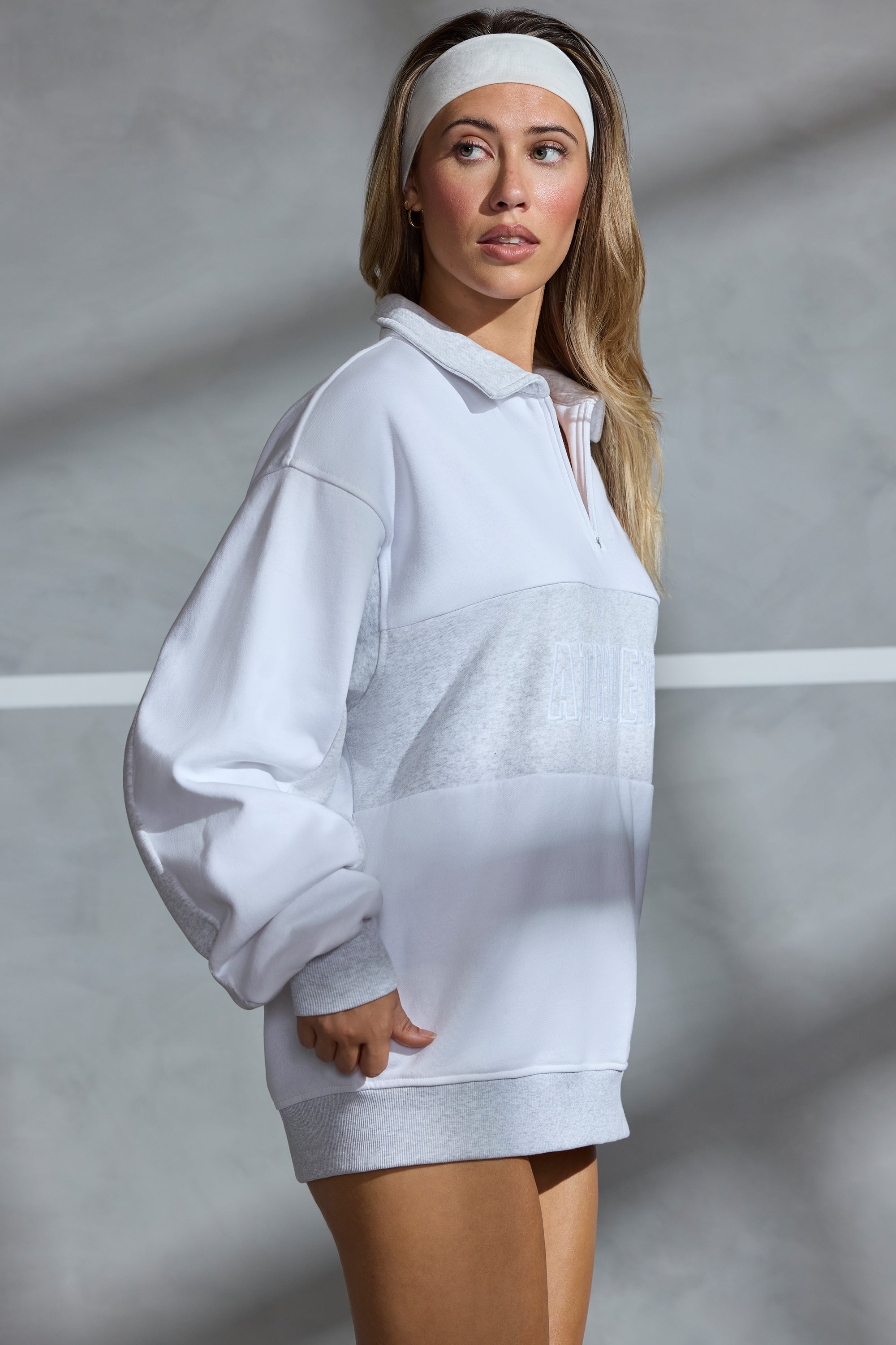 Oversized Half Zip Panel Sweatshirt in White - Image 3