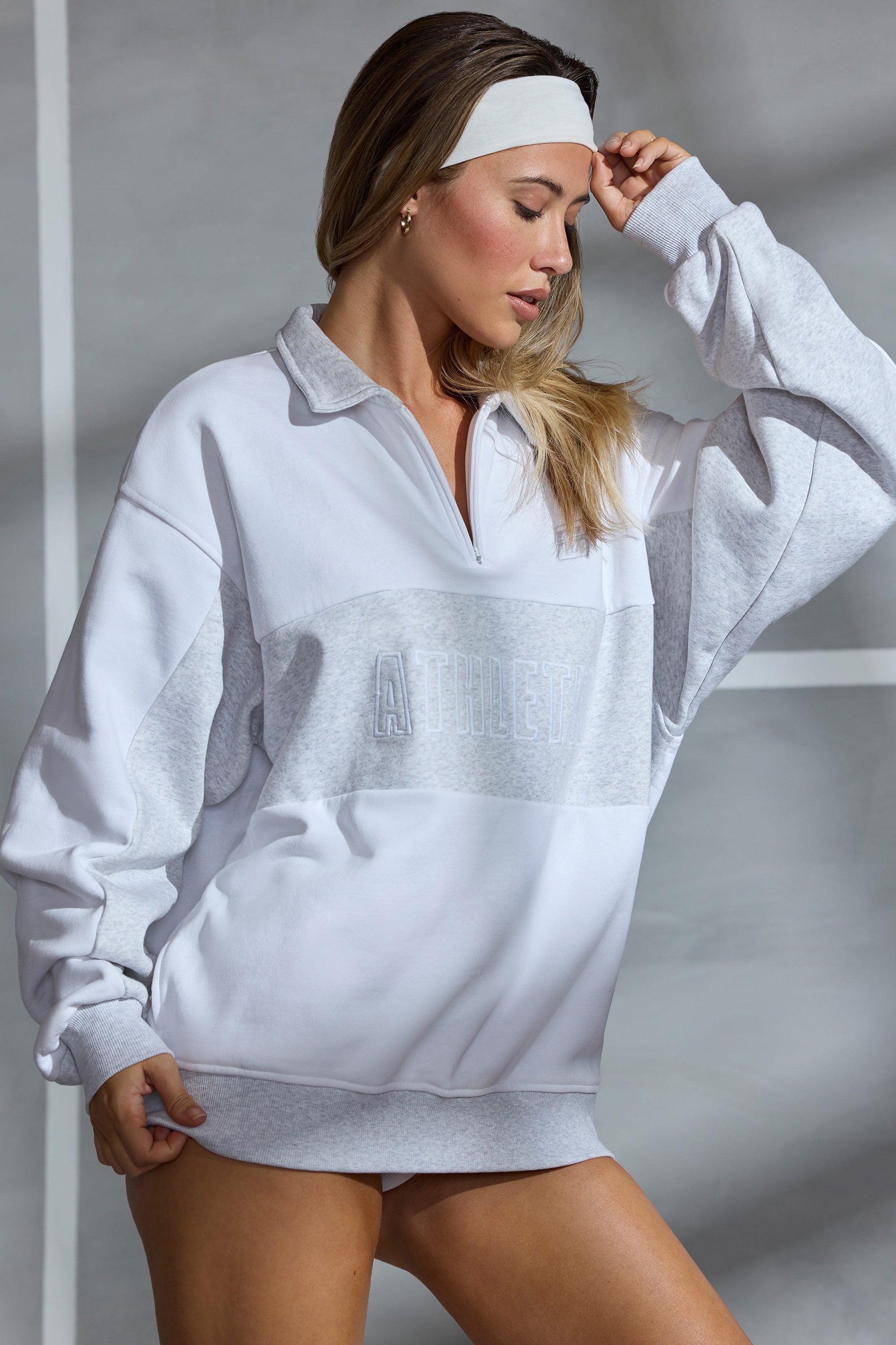Oversized Half Zip Panel Sweatshirt in White - Image 8
