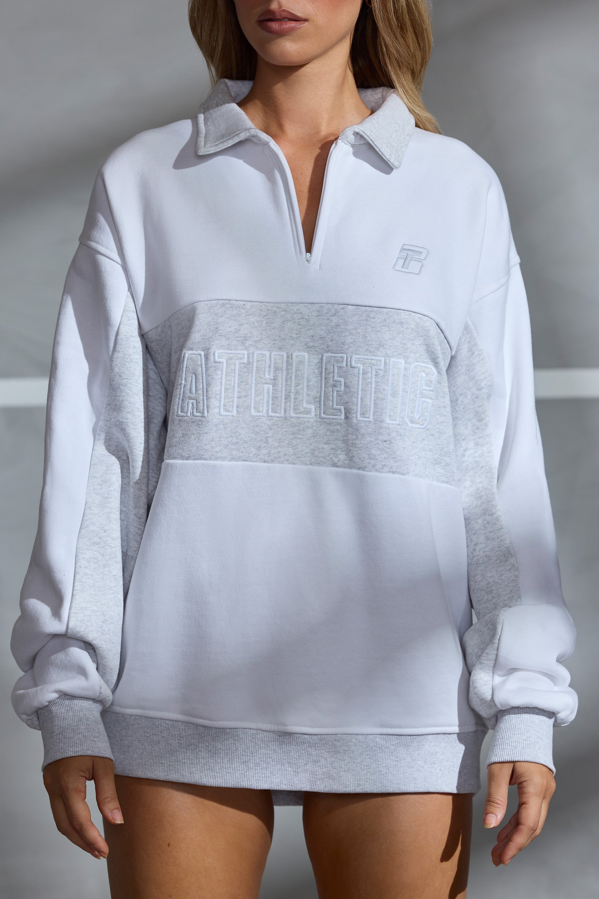 Oversized Half Zip Panel Sweatshirt in White - Image 4