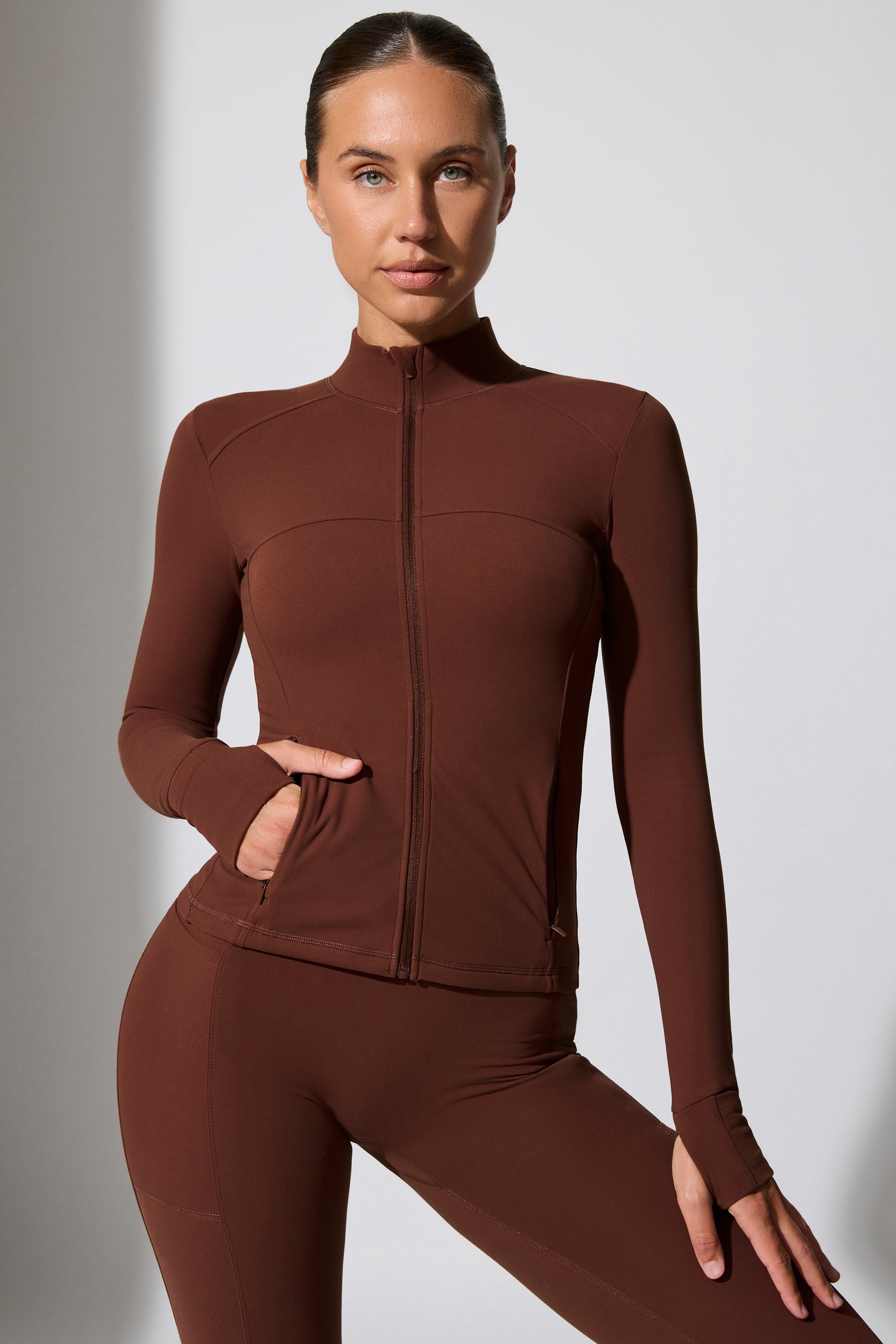 Growing Long Sleeve Zip Up Jacket With Side Pockets in chocolate