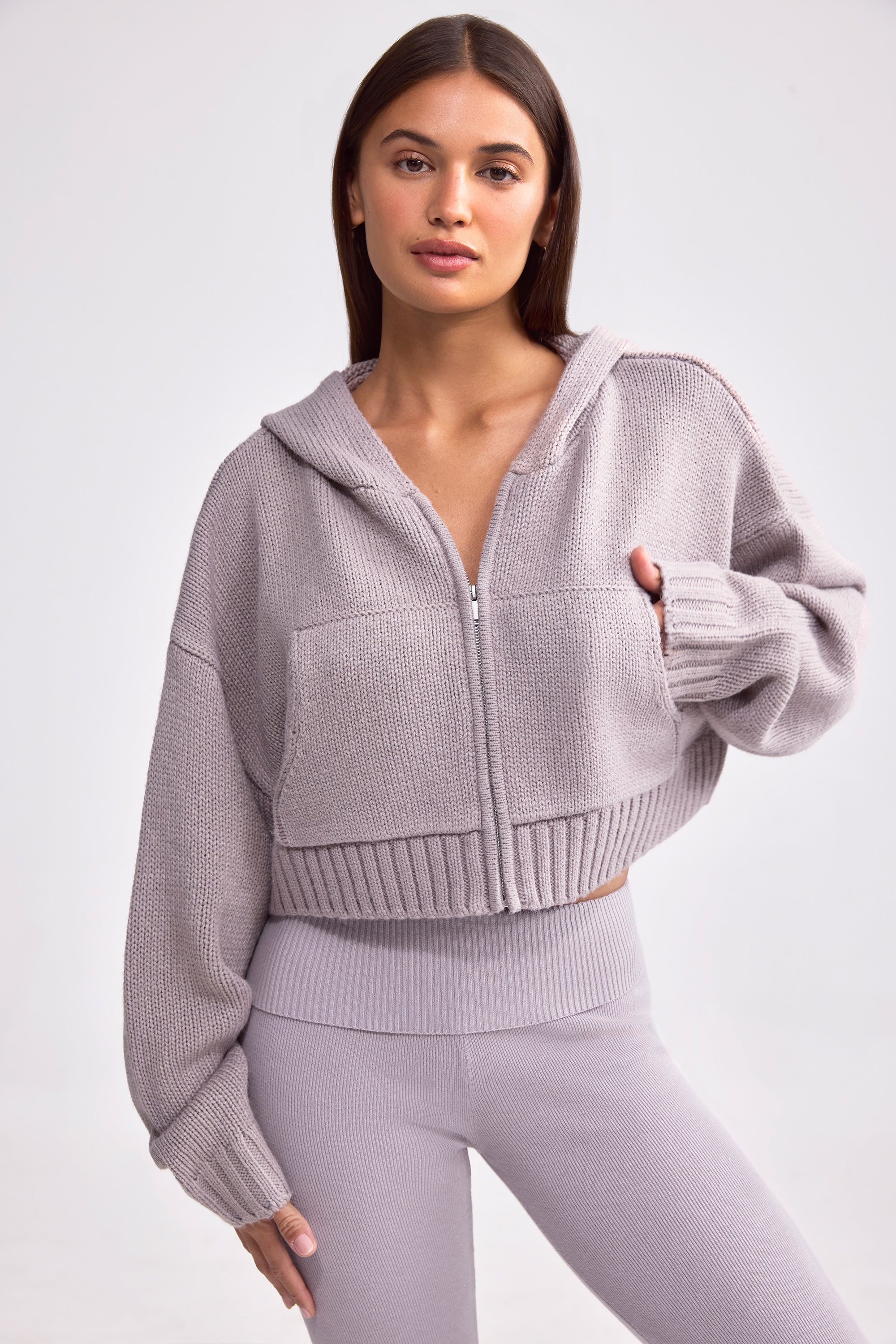Cropped Zip-Up Chunky Knit Hoodie in Dusty Lavender - Image 9