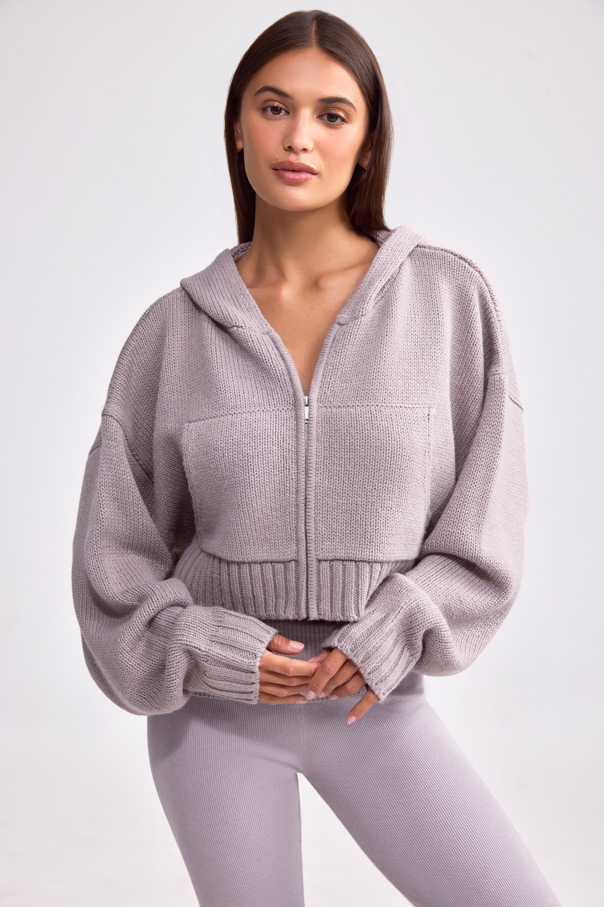 Cropped Zip-Up Chunky Knit Hoodie in Dusty Lavender - Image 8