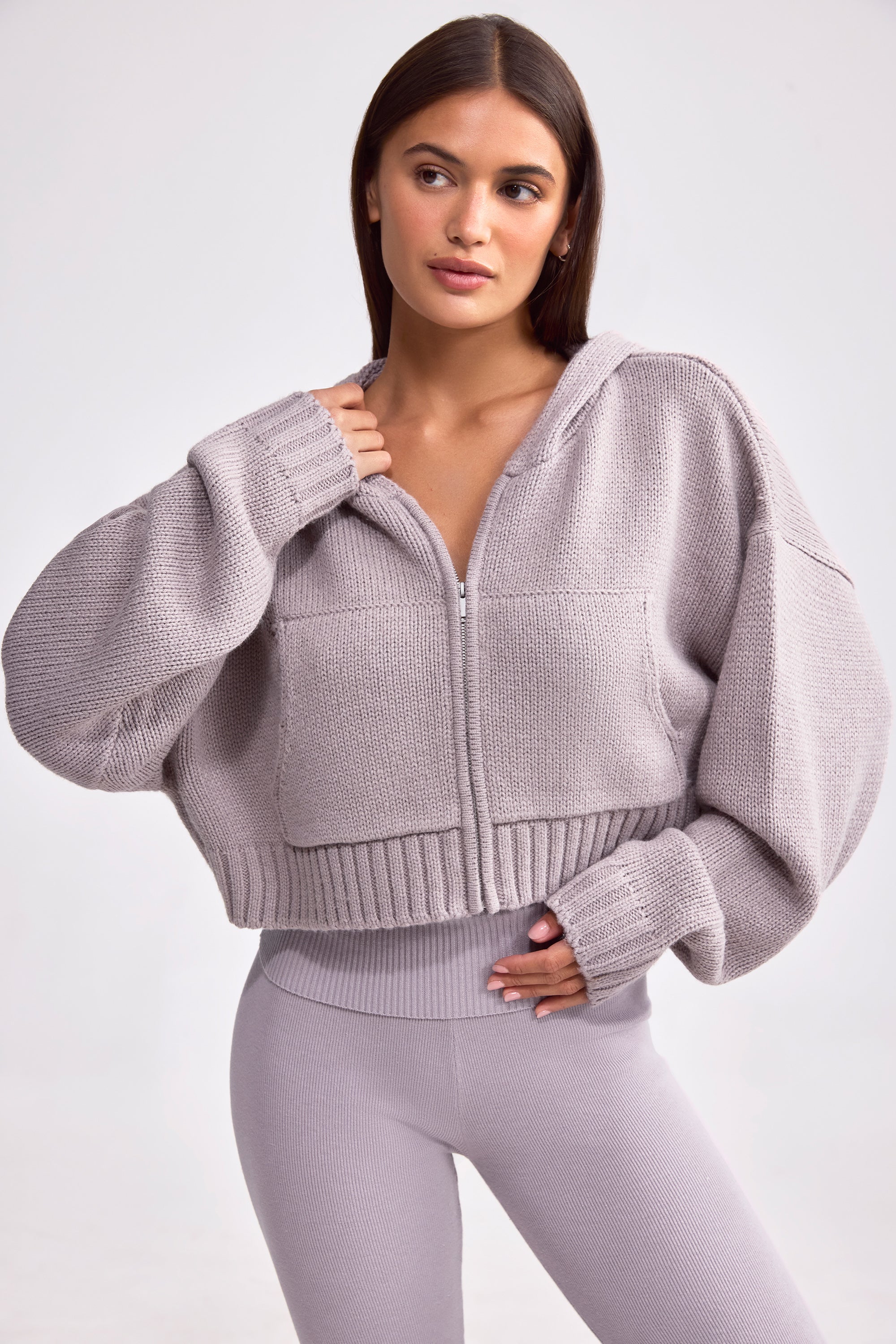 Cropped Zip-Up Chunky Knit Hoodie in Dusty Lavender - Image 7