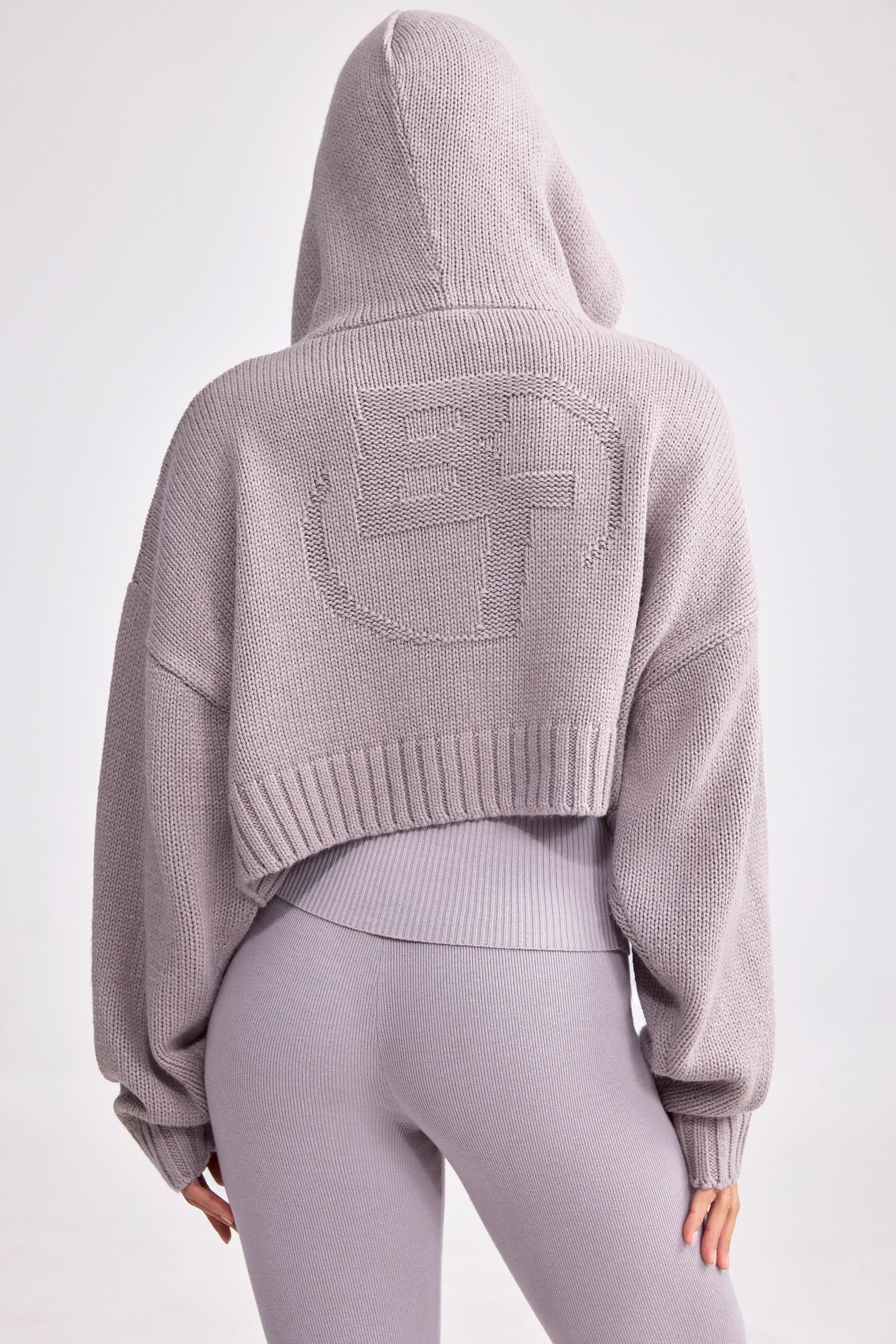 Cropped Zip-Up Chunky Knit Hoodie in Dusty Lavender - Image 2