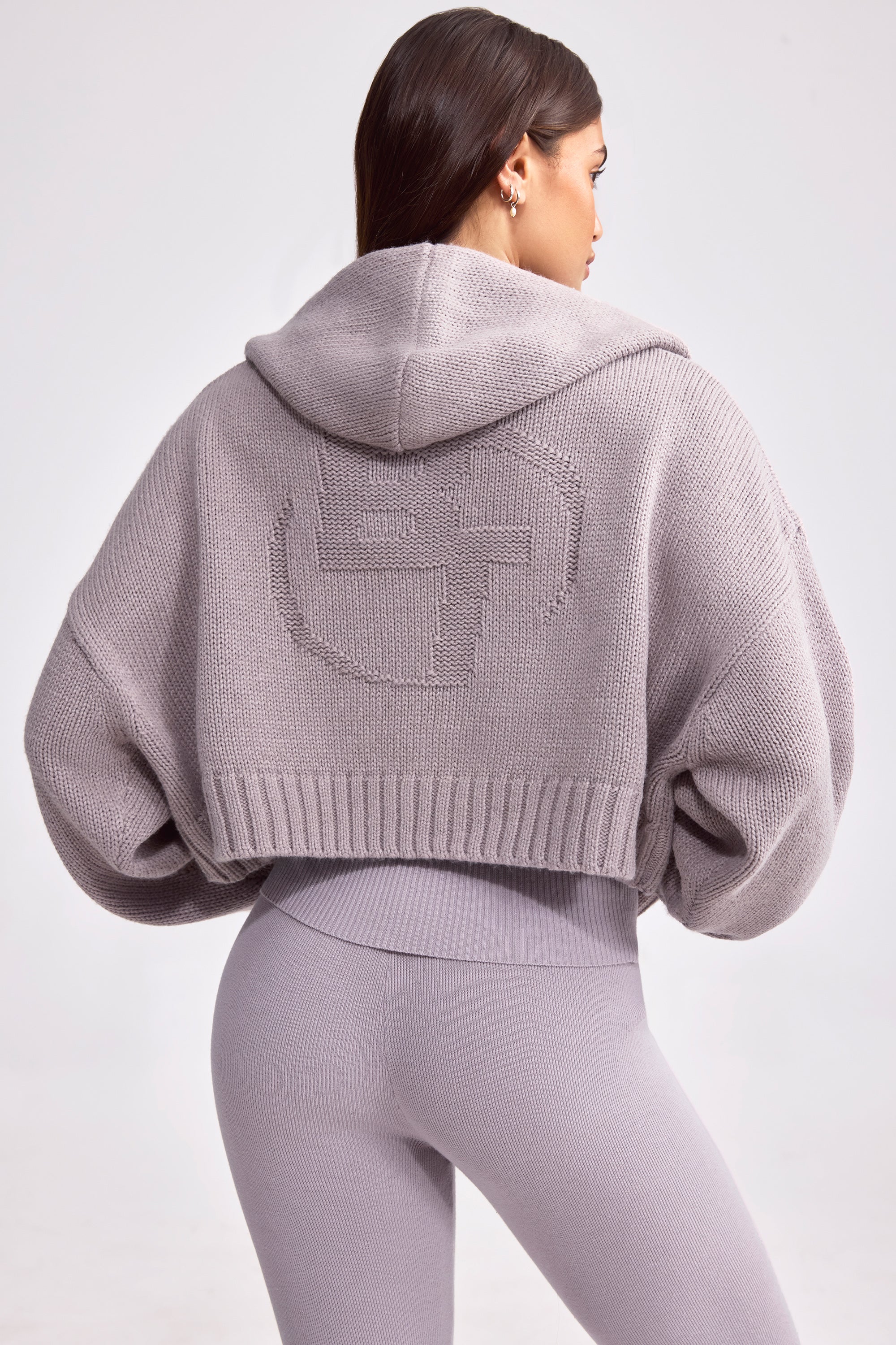 Cropped Zip-Up Chunky Knit Hoodie in Dusty Lavender - Image 6