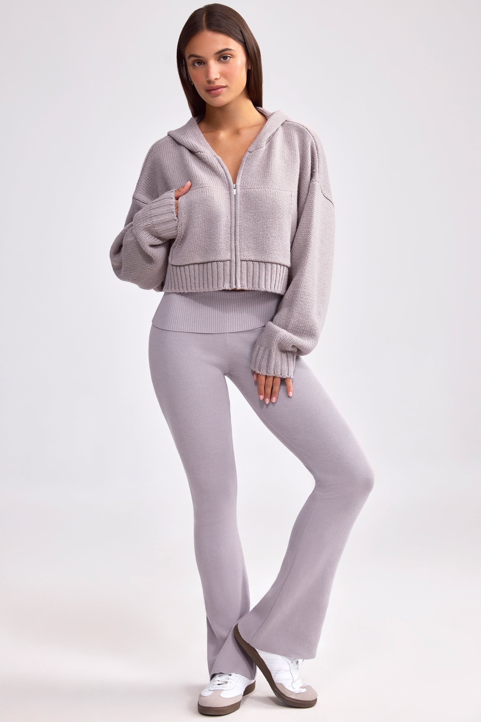 Cropped Zip-Up Chunky Knit Hoodie in Dusty Lavender - Image 5