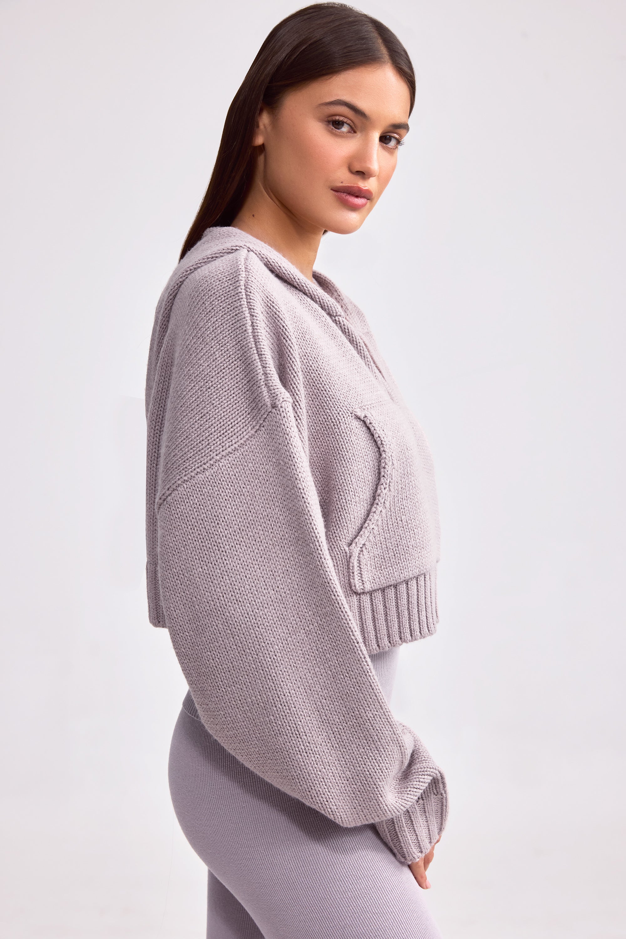 Cropped Zip-Up Chunky Knit Hoodie in Dusty Lavender - Image 3