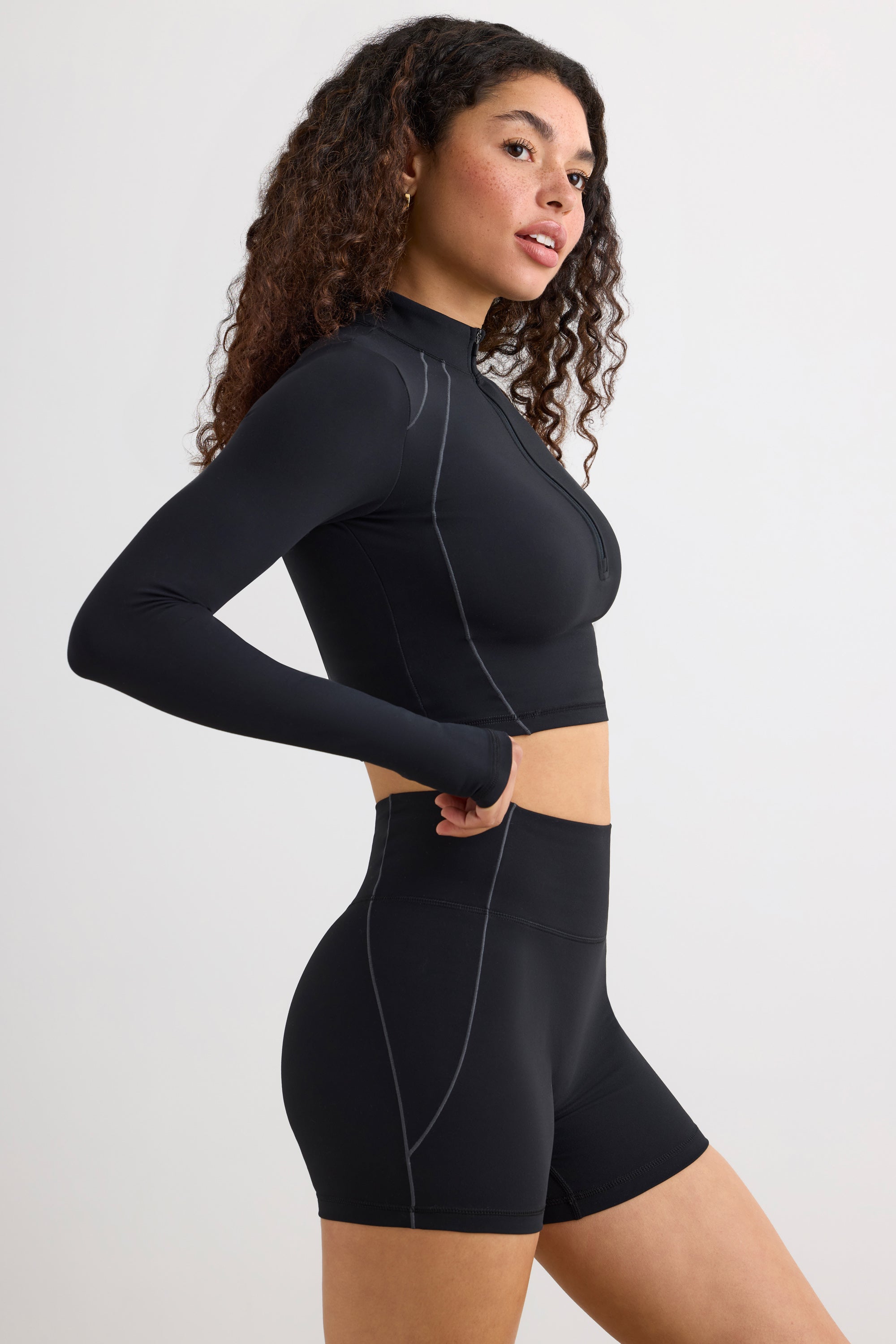 Soft Active Half Zip Crop Top in Black - Image 3