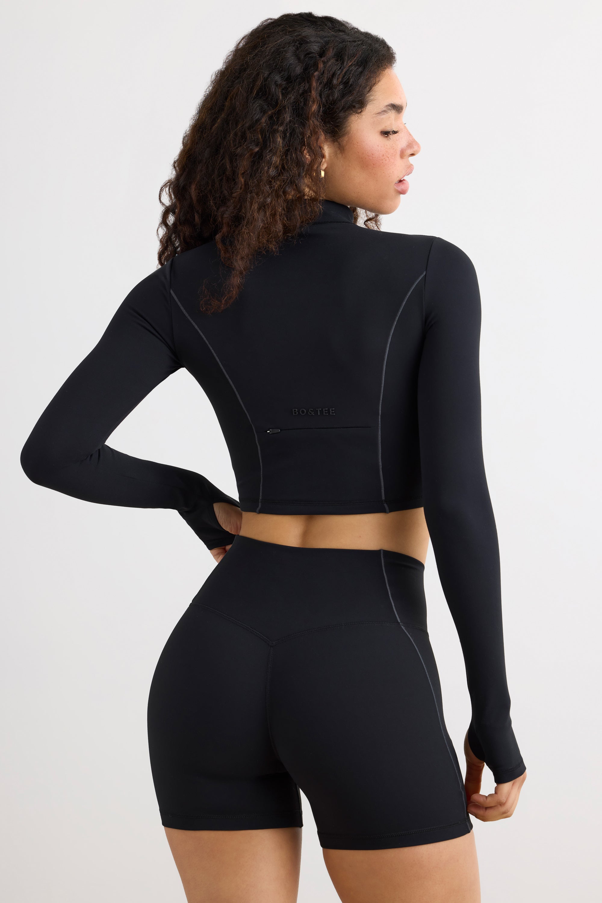 Soft Active Half Zip Crop Top in Black - Image 2