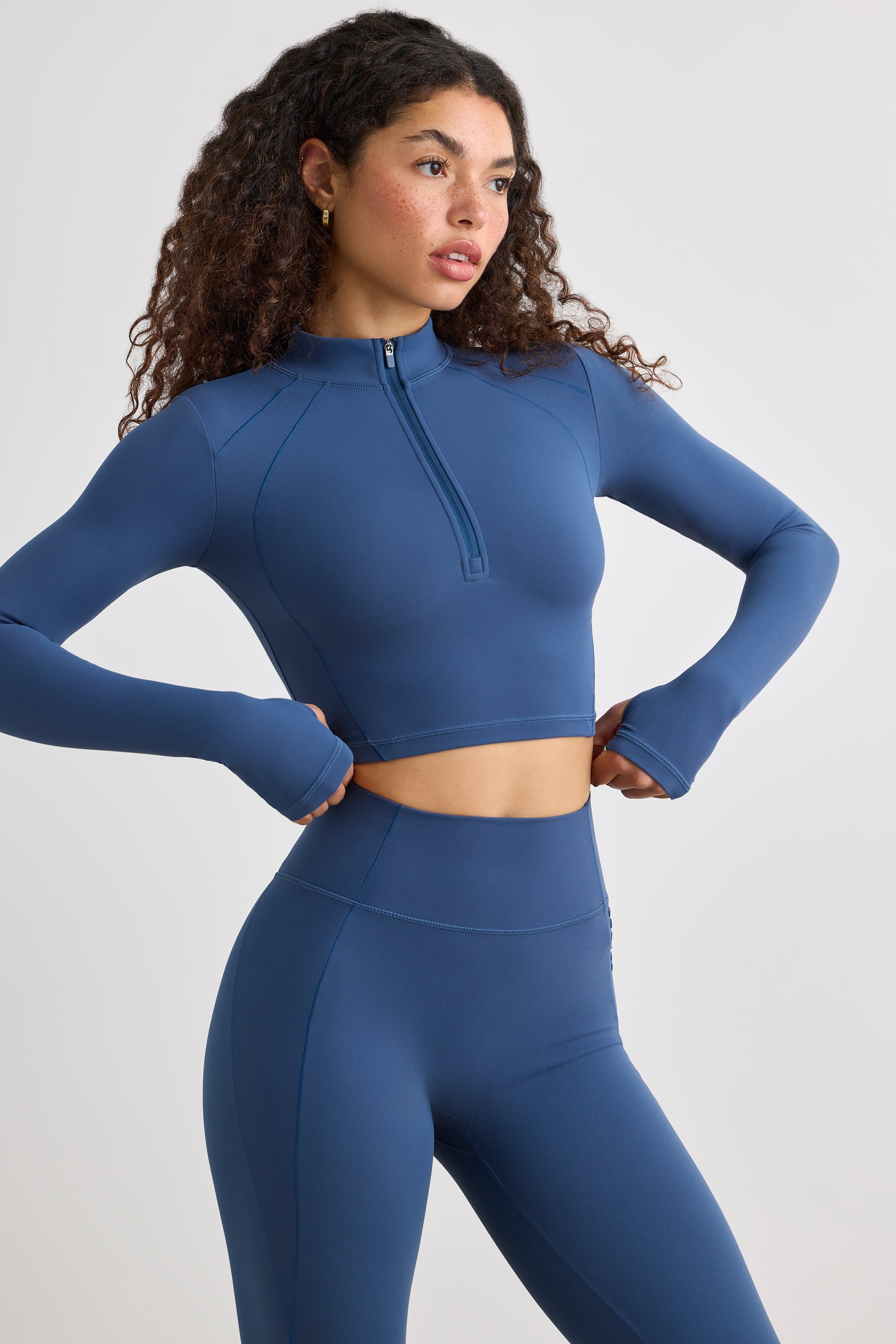 Soft Active Half Zip Crop Top in Washed Navy - Image 7