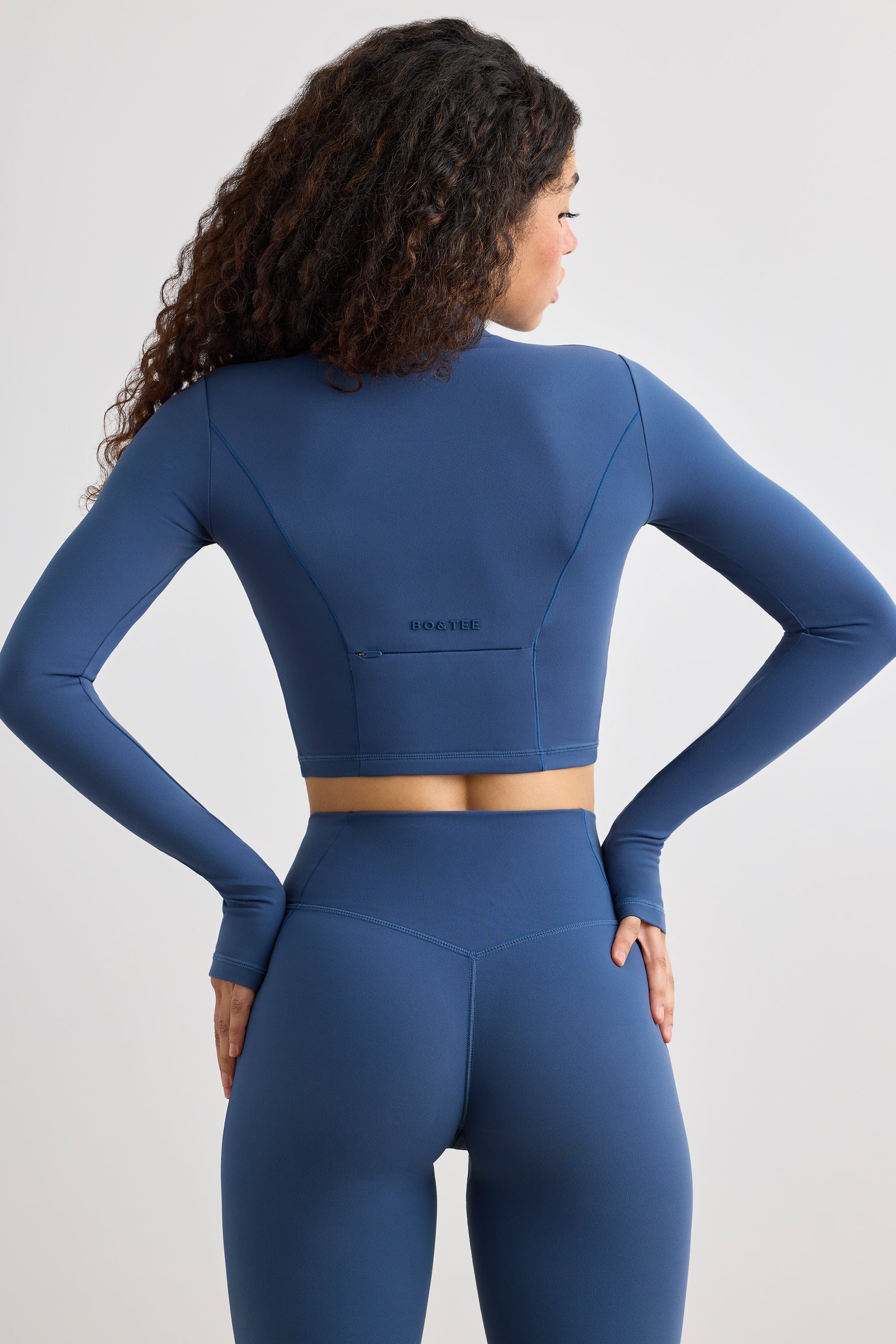 Soft Active Half Zip Crop Top in Washed Navy - Image 2