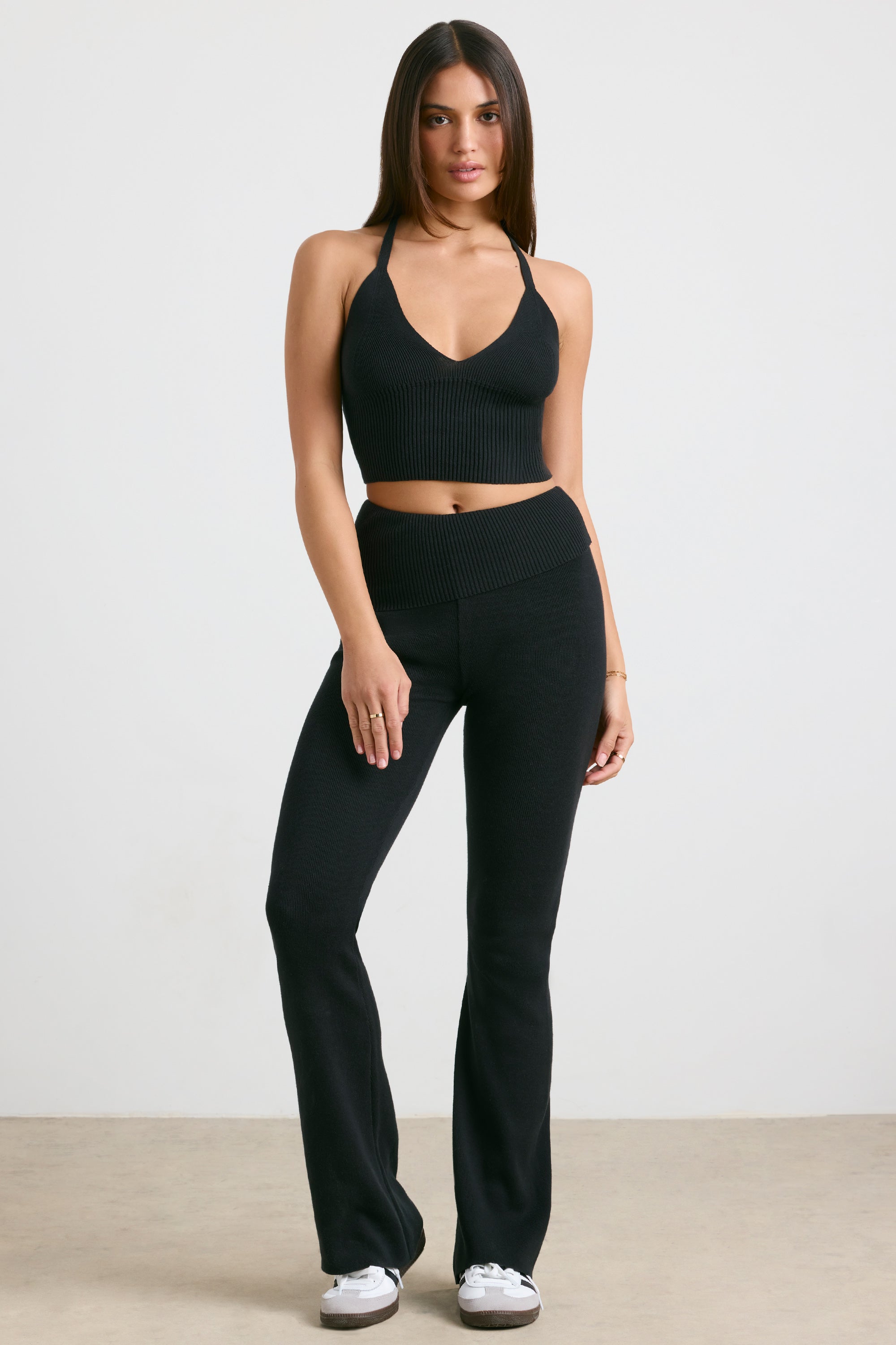 Muse Chunky Knit Kick Flare Trousers in Black - Image 5