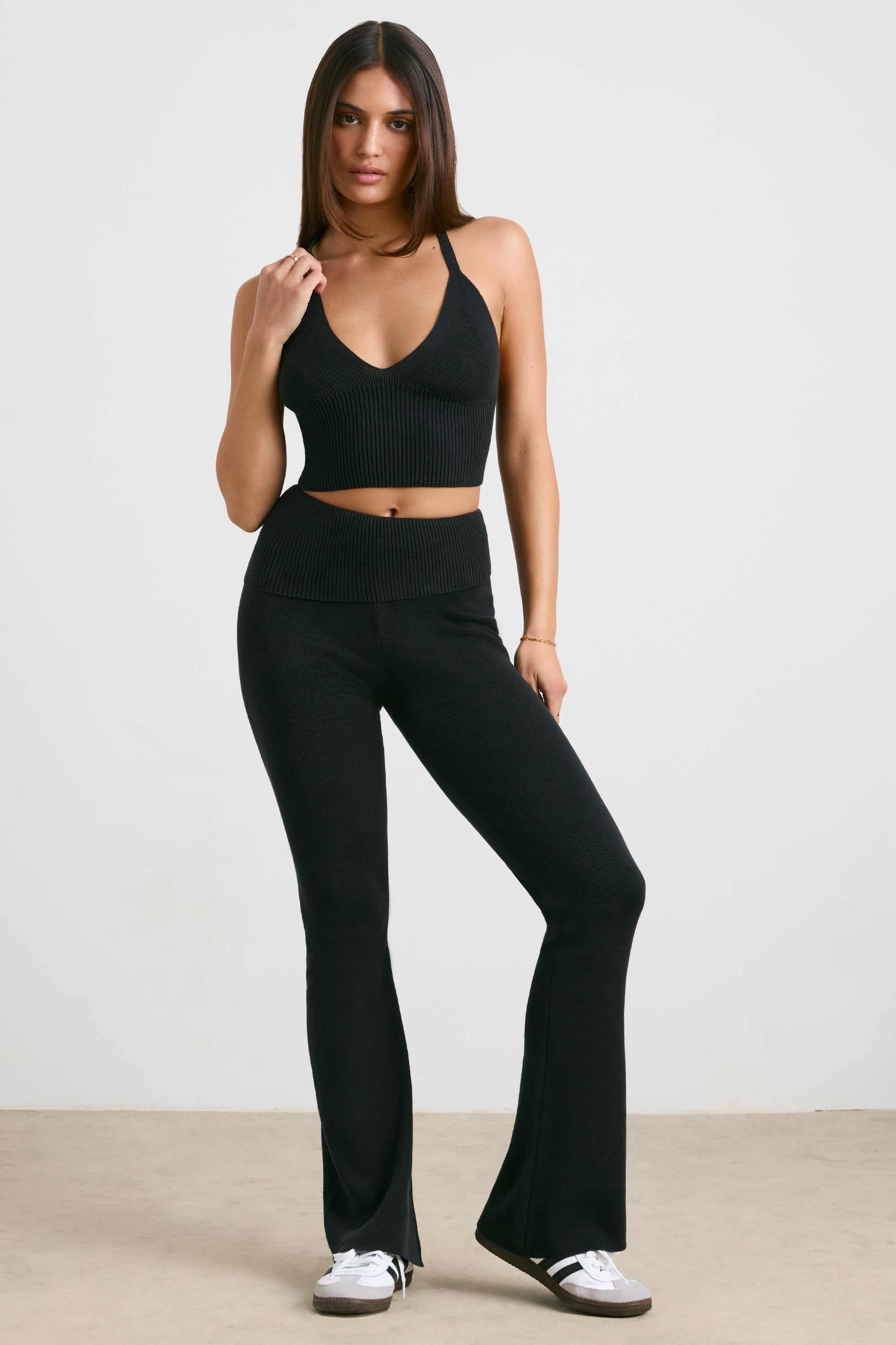 Muse Chunky Knit Kick Flare Trousers in Black - Image 6