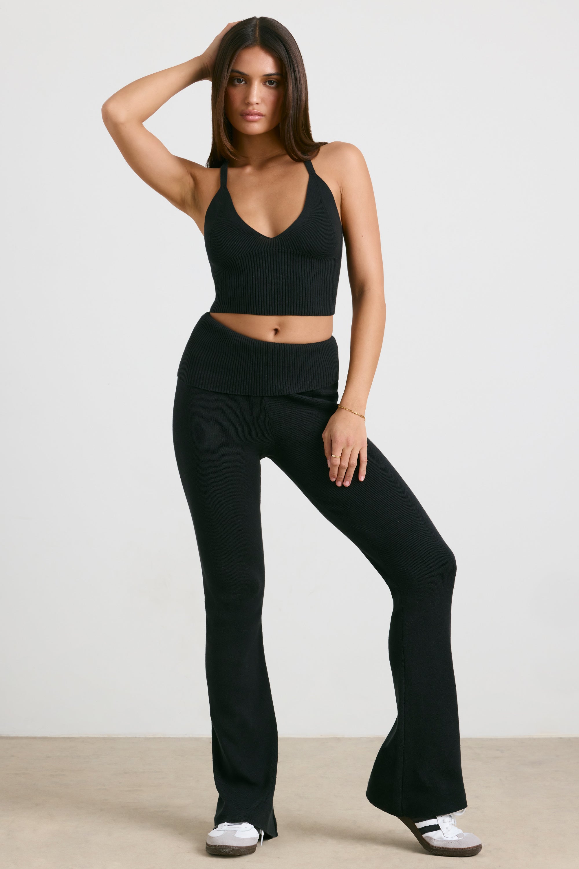 Muse Chunky Knit Kick Flare Trousers in Black - Image 7