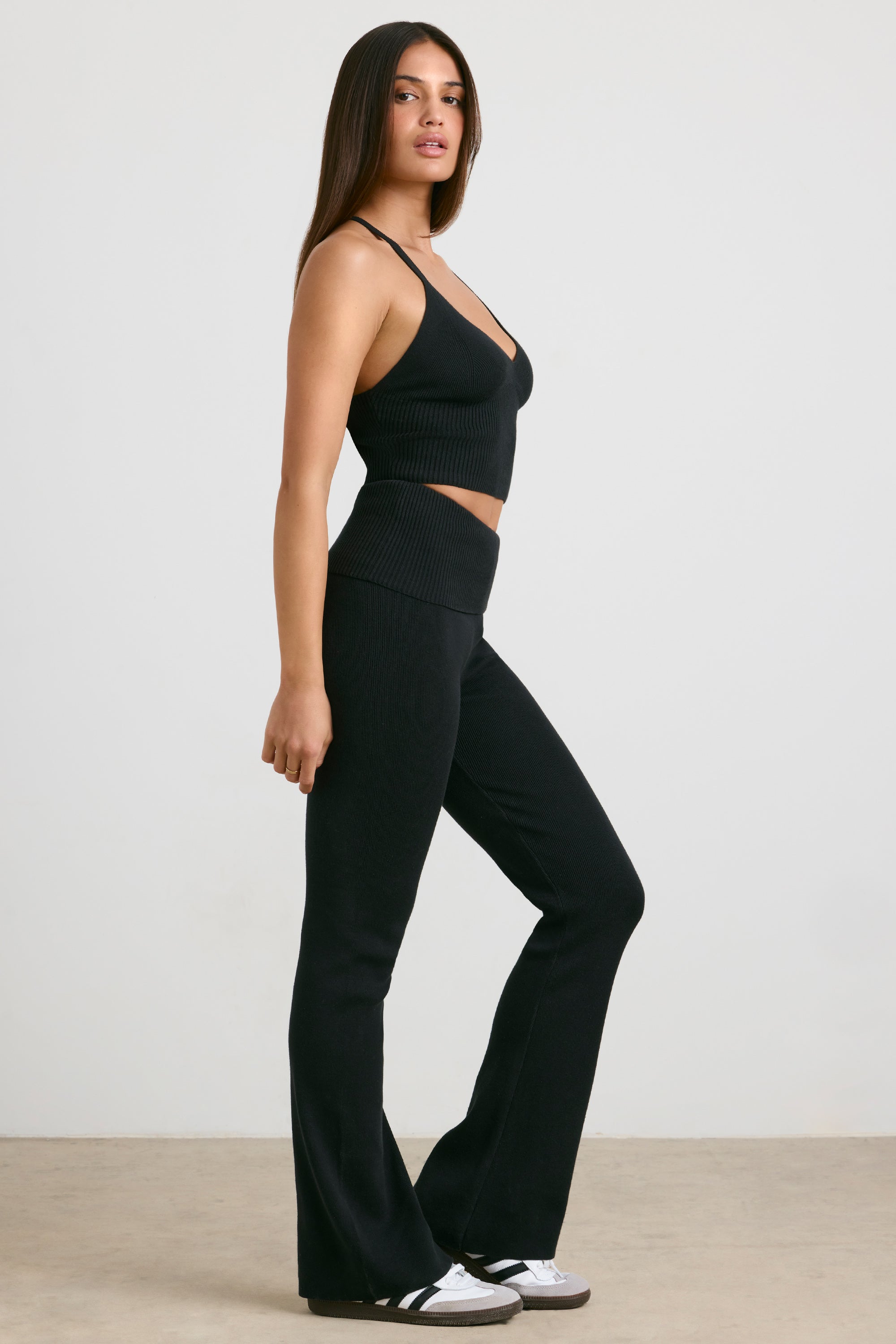 Muse Chunky Knit Kick Flare Trousers in Black - Image 3