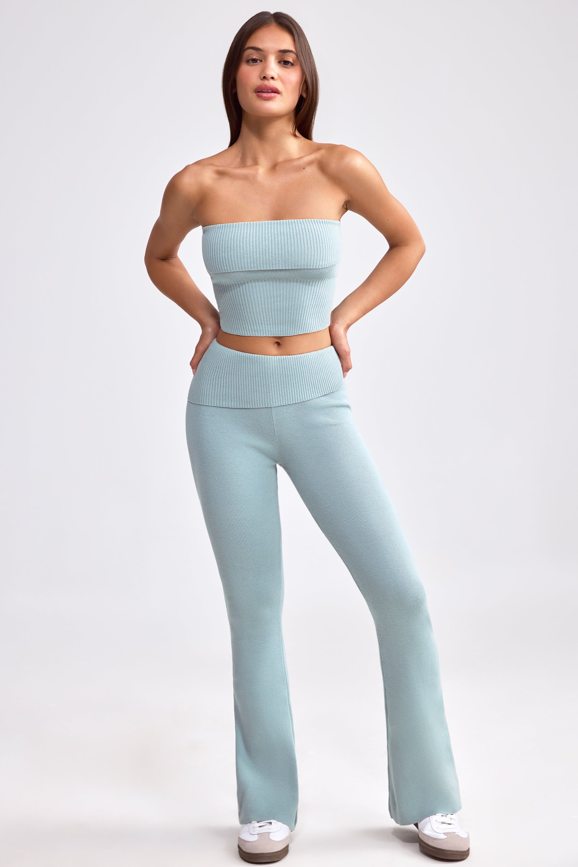 Petite Fold Over Kick Flare Chunky Knit Trousers in Dusty Teal - Image 8