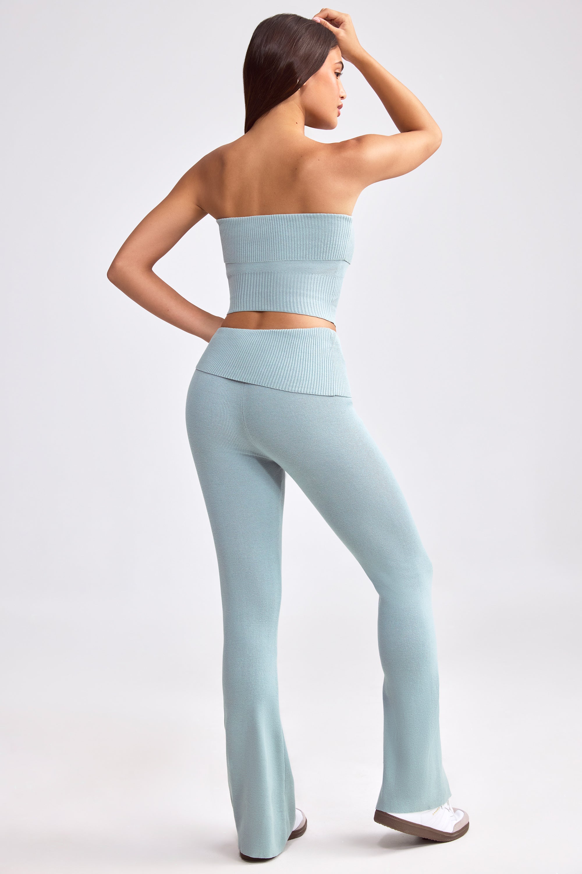 Petite Fold Over Kick Flare Chunky Knit Trousers in Dusty Teal - Image 2