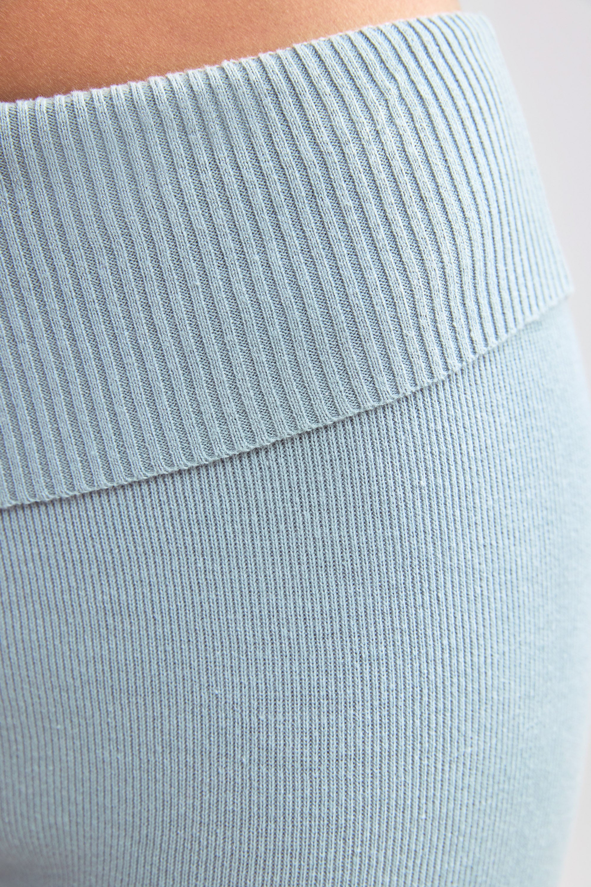 Petite Fold Over Kick Flare Chunky Knit Trousers in Dusty Teal - Image 4