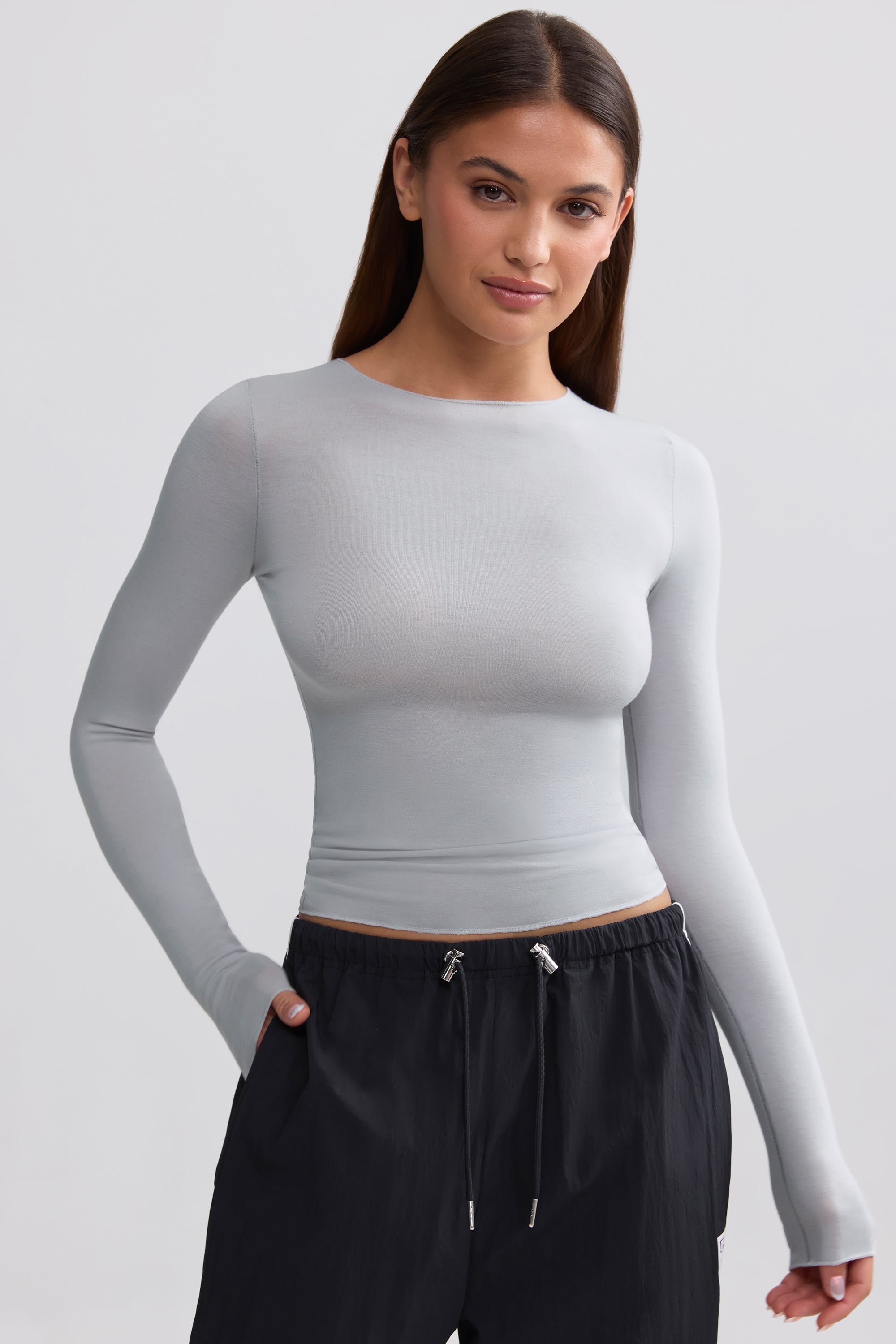 Sheer Long-Sleeve Top in Ice Grey - Image 4
