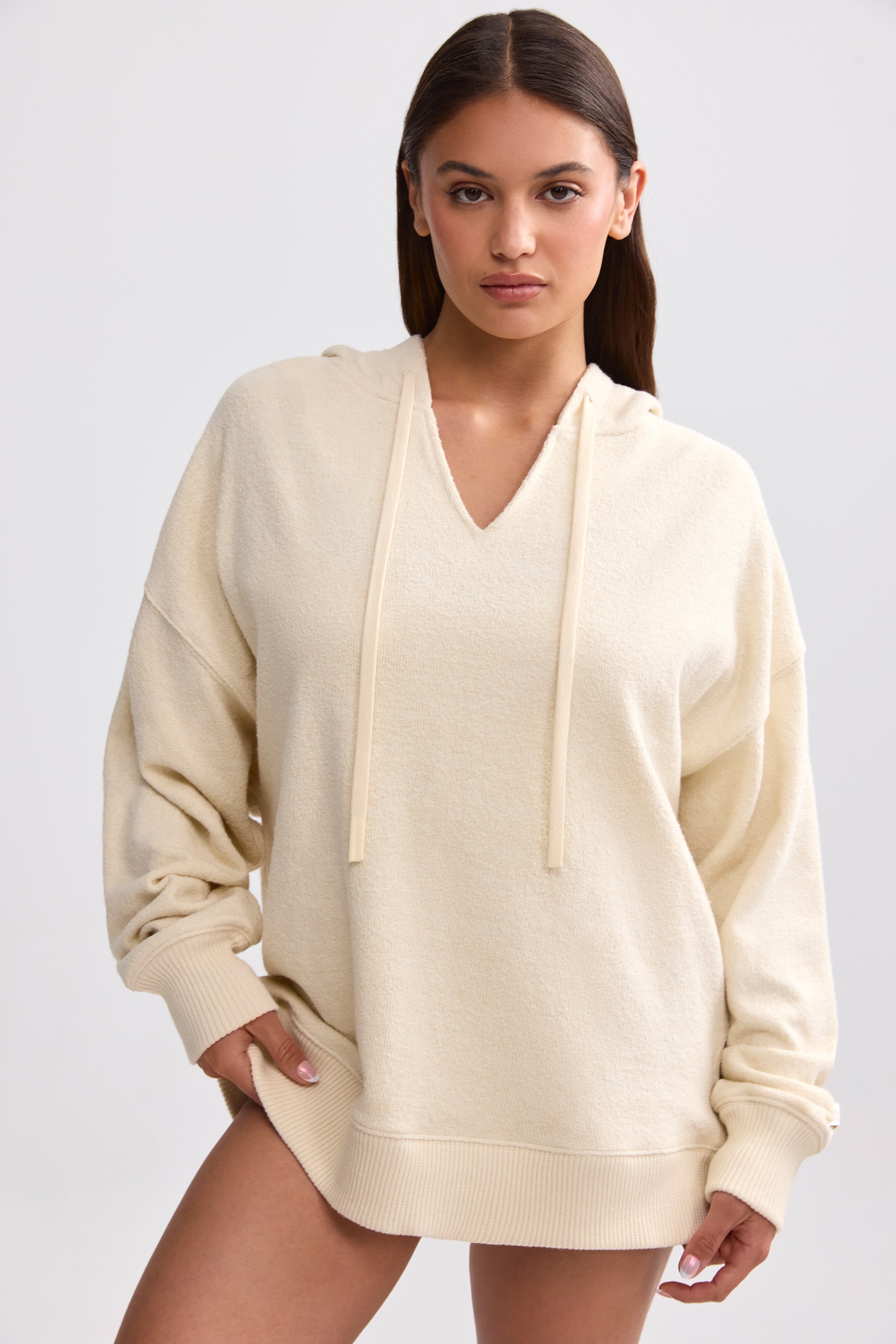 Terry Towelling V-Neck Hoodie in Cream - Image 6