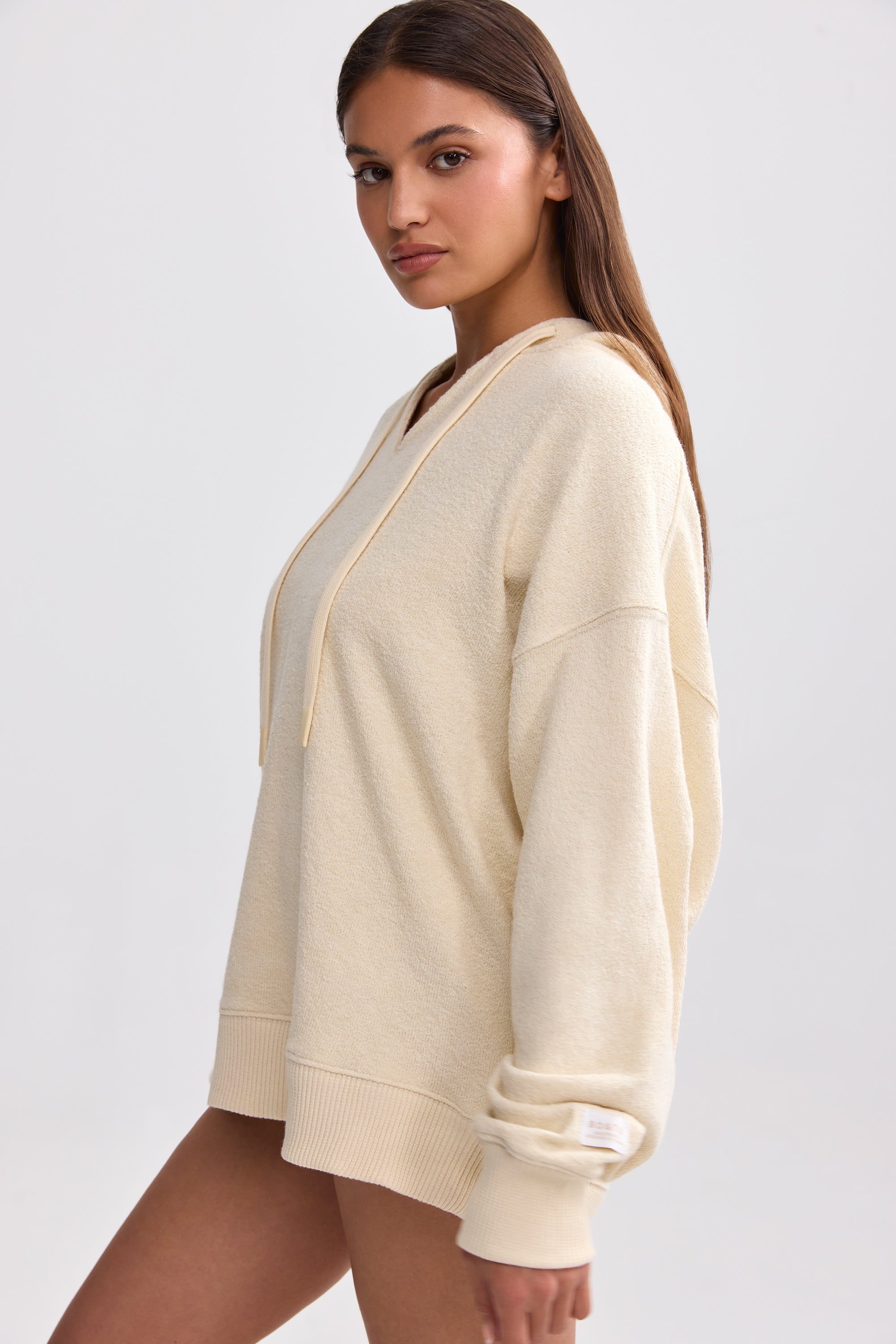 Terry Towelling V-Neck Hoodie in Cream - Image 3
