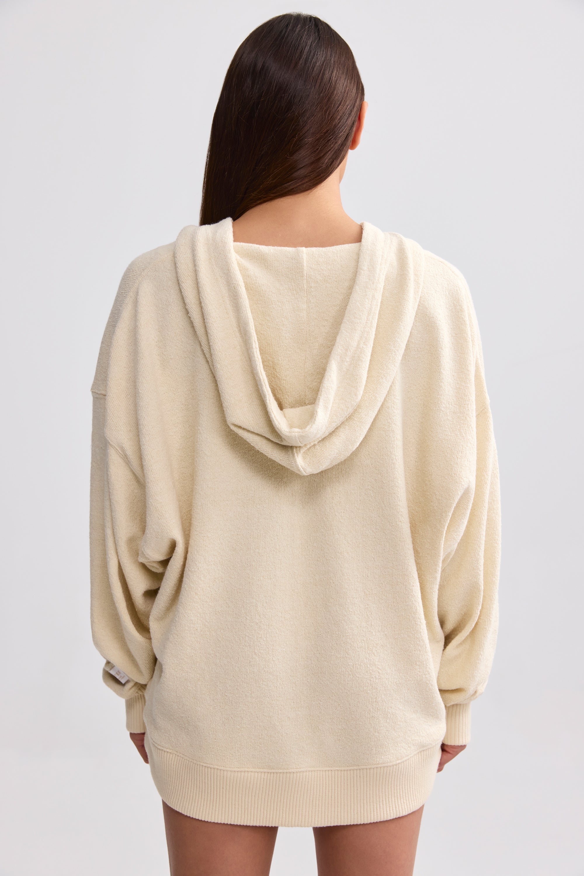 Terry Towelling V-Neck Hoodie in Cream - Image 2