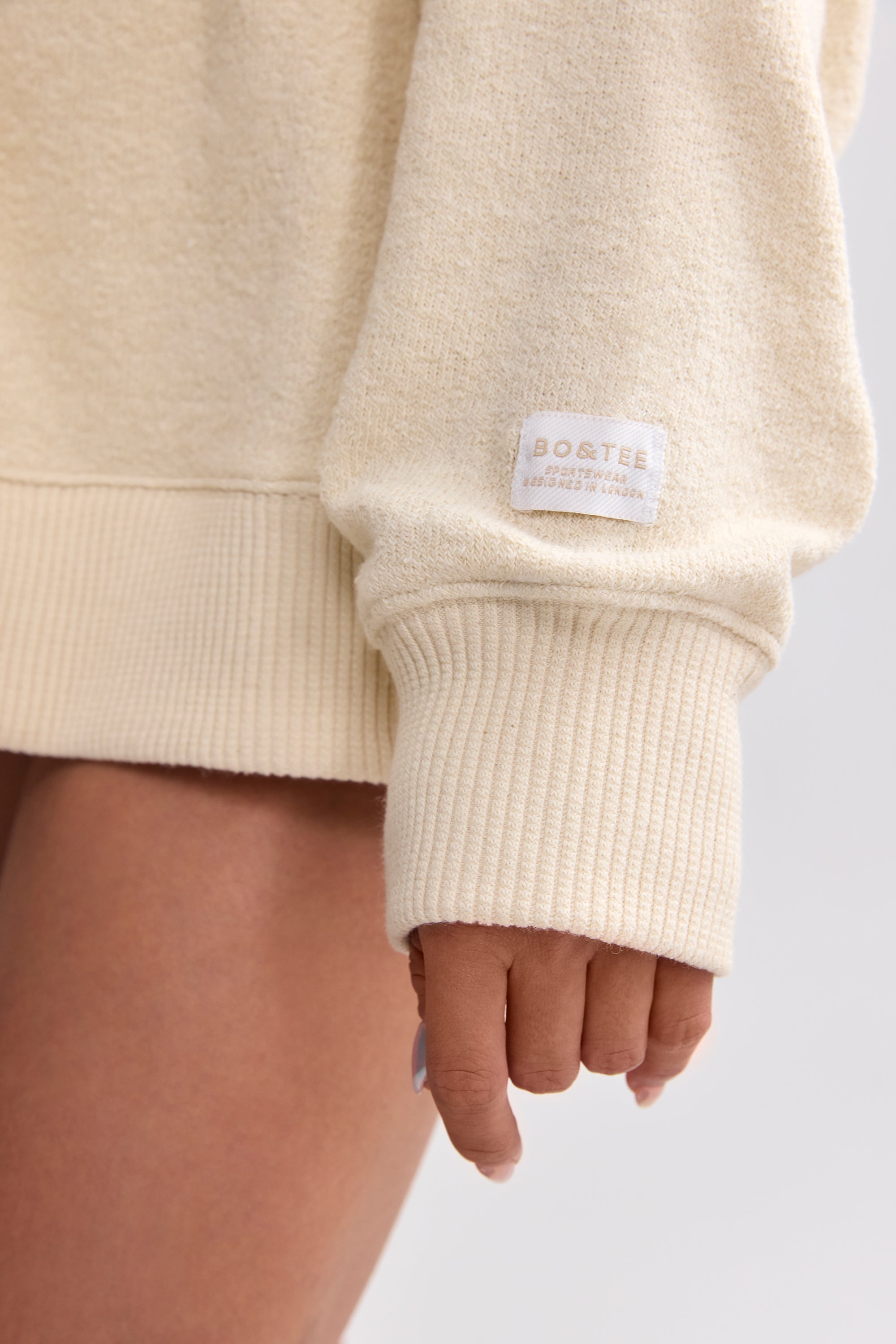 Terry Towelling V-Neck Hoodie in Cream - Image 4