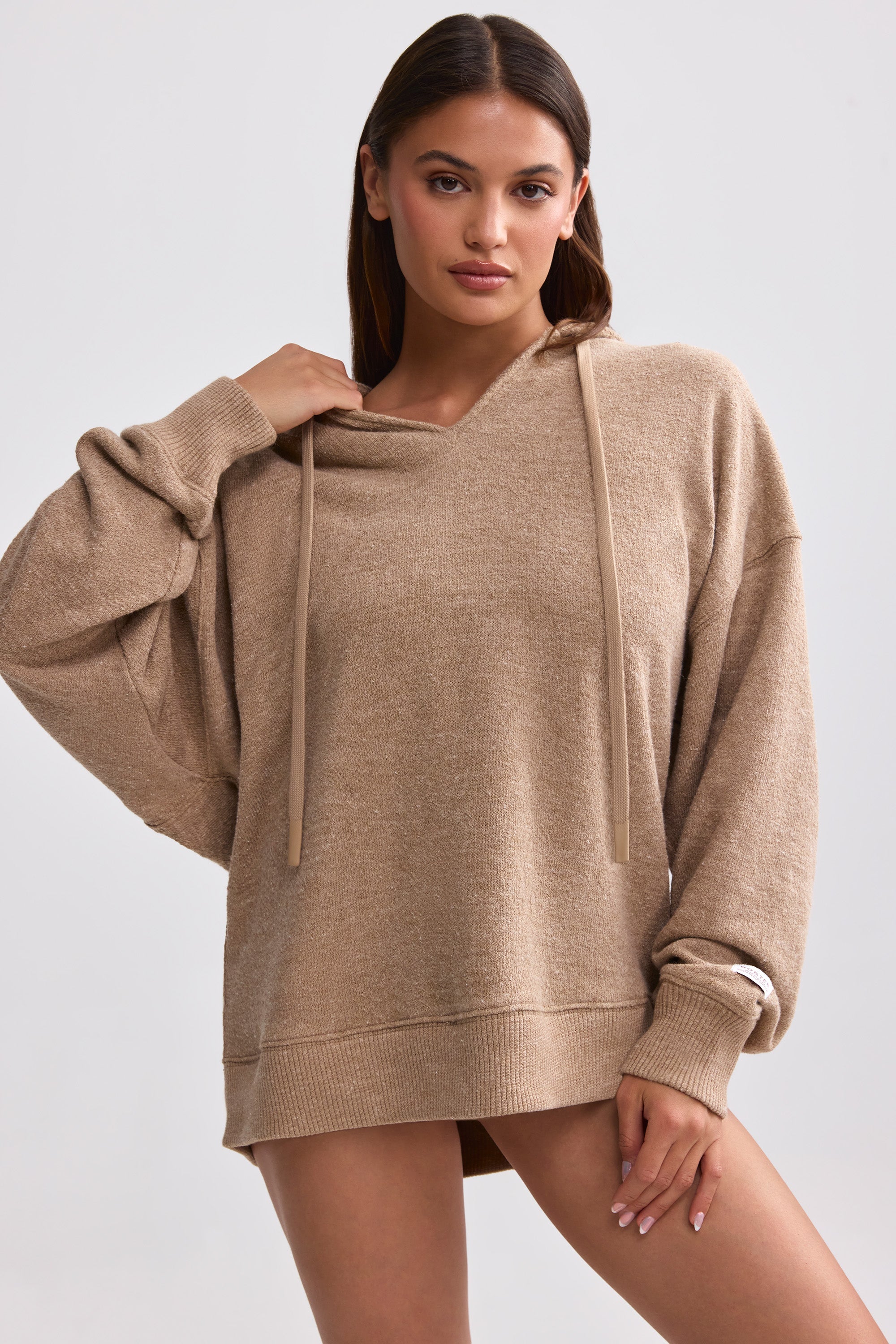 Terry Towelling V-Neck Hoodie in Mocha Brown - Image 6